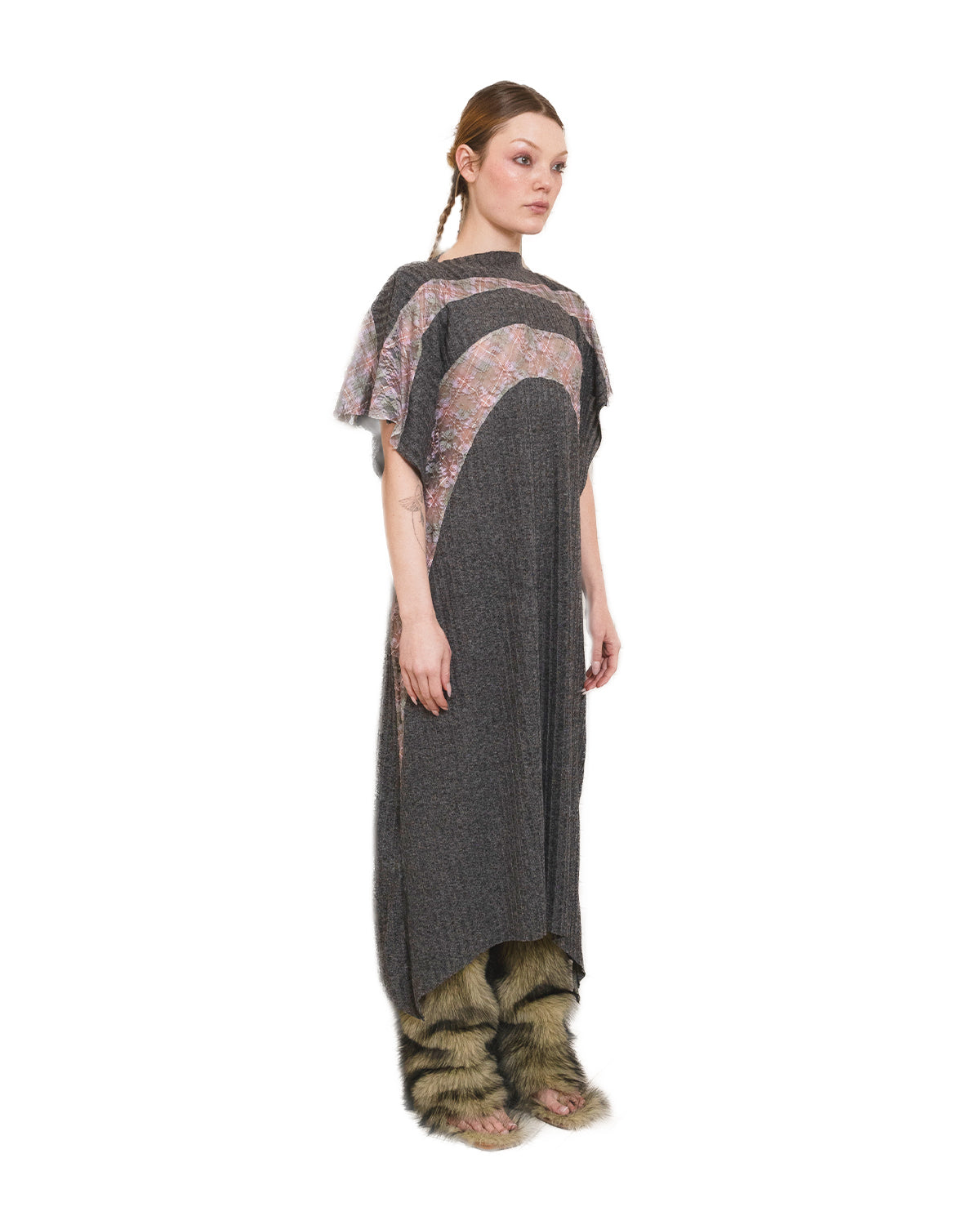 draped t shirt dress Draped Combo T-Shirt Dress with Lace Trim