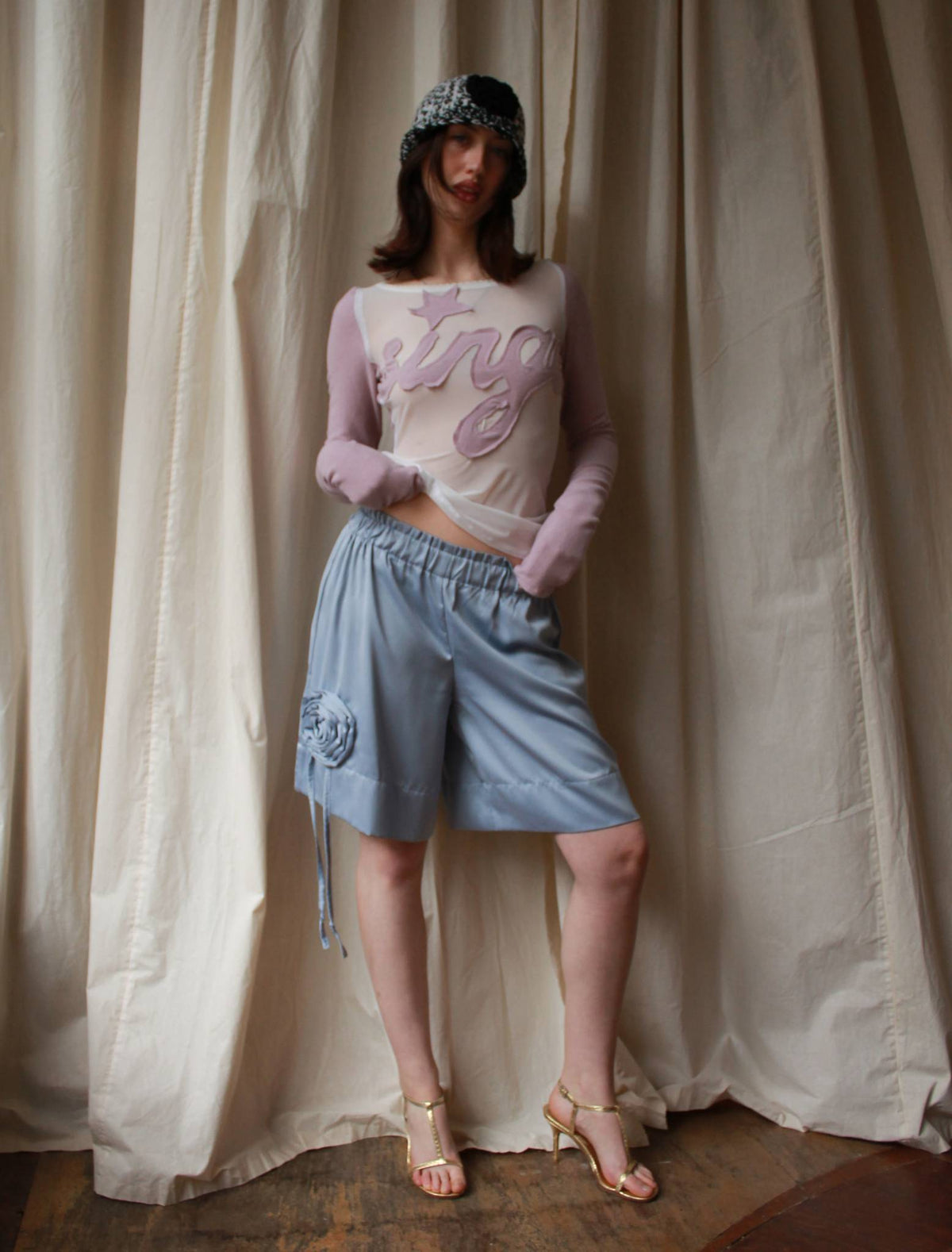 Rosette Satin Shorts in Light Blue