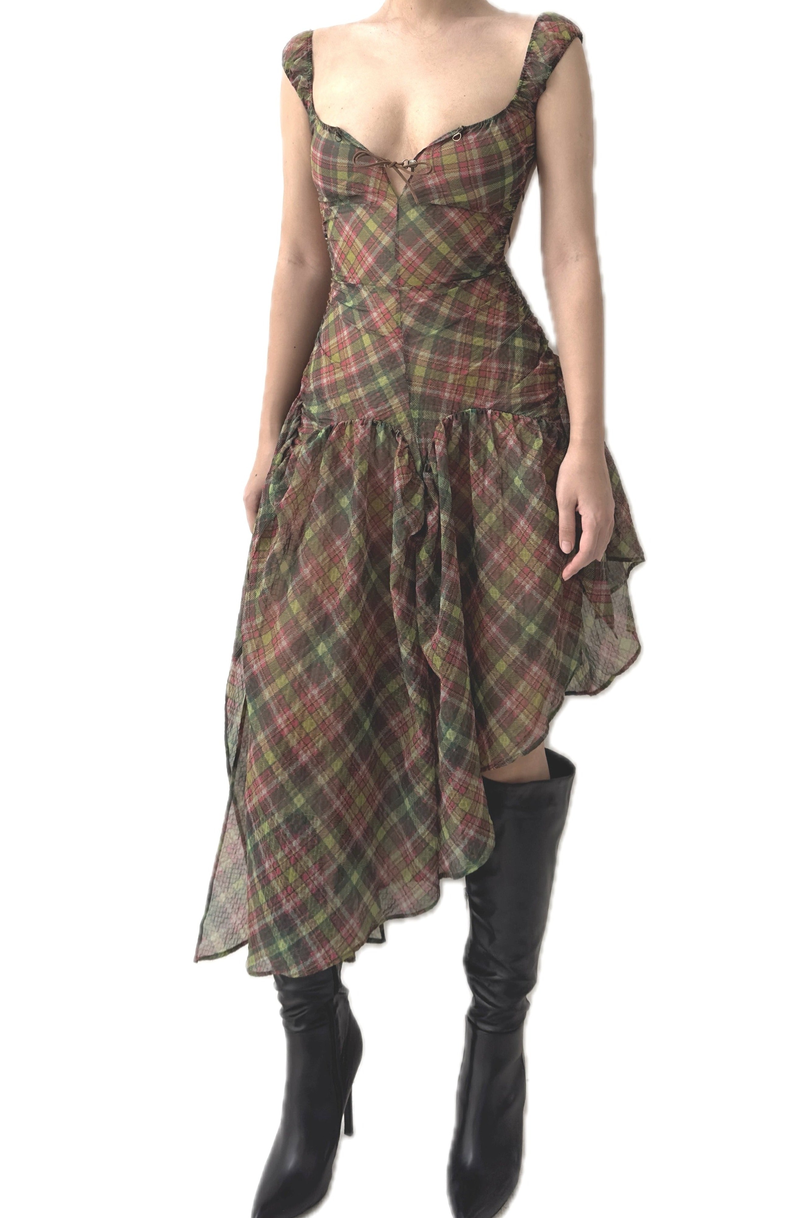 Plaid Puff Chiffon Asymmetrical Dress Pink Tartan M