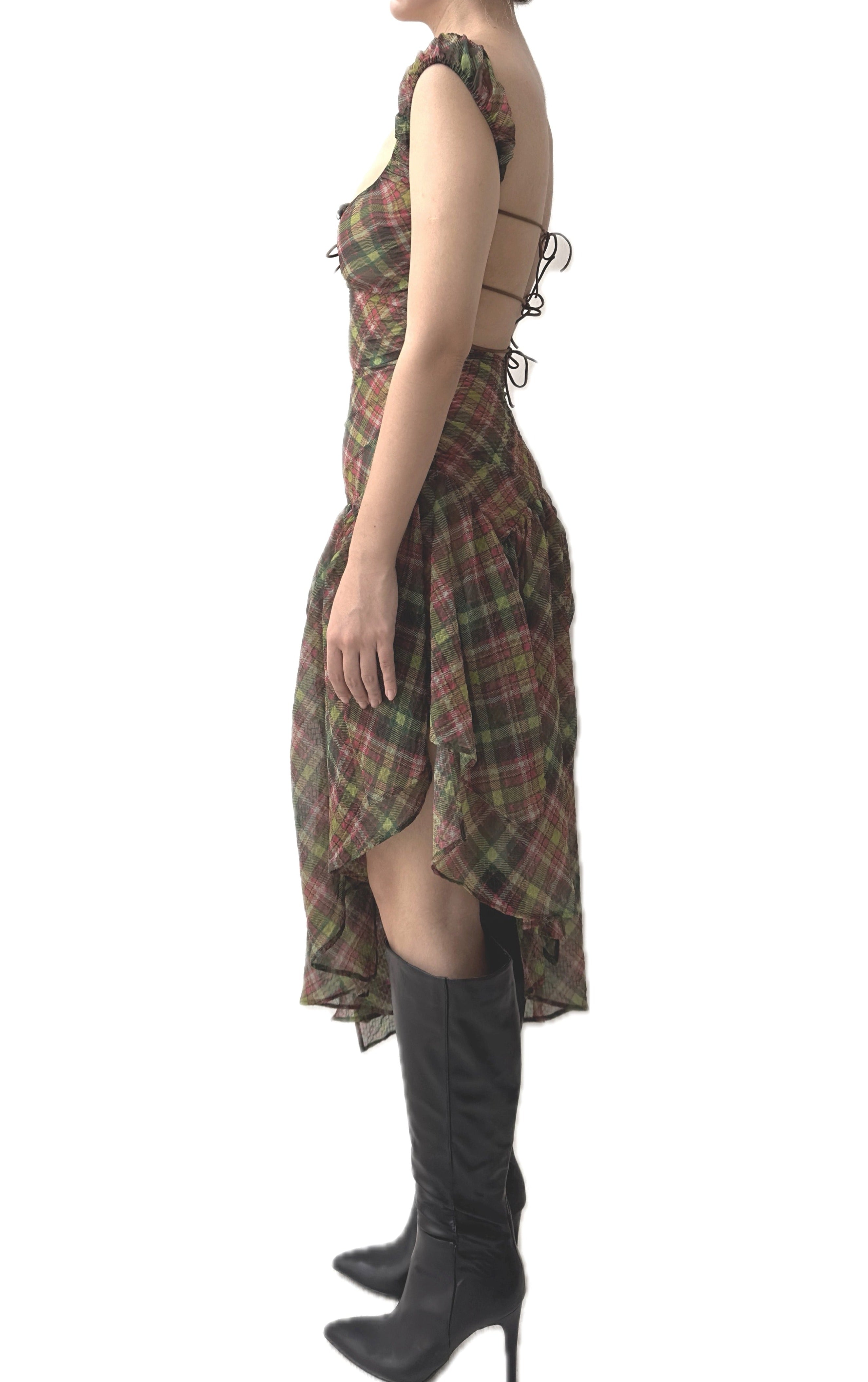Plaid Puff Chiffon Asymmetrical Dress Pink Tartan