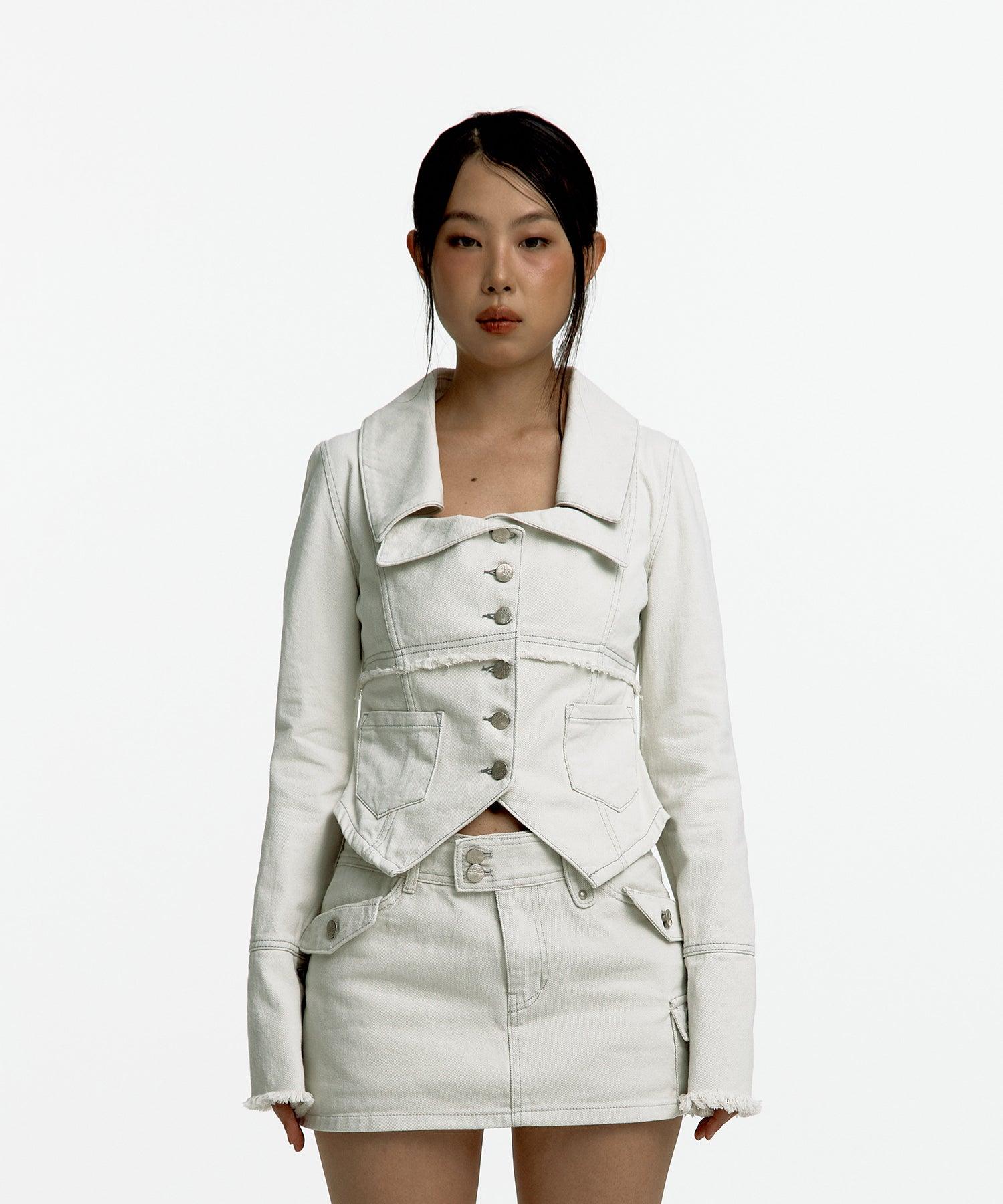 Denim Square Neck Trucker Jacket in White
