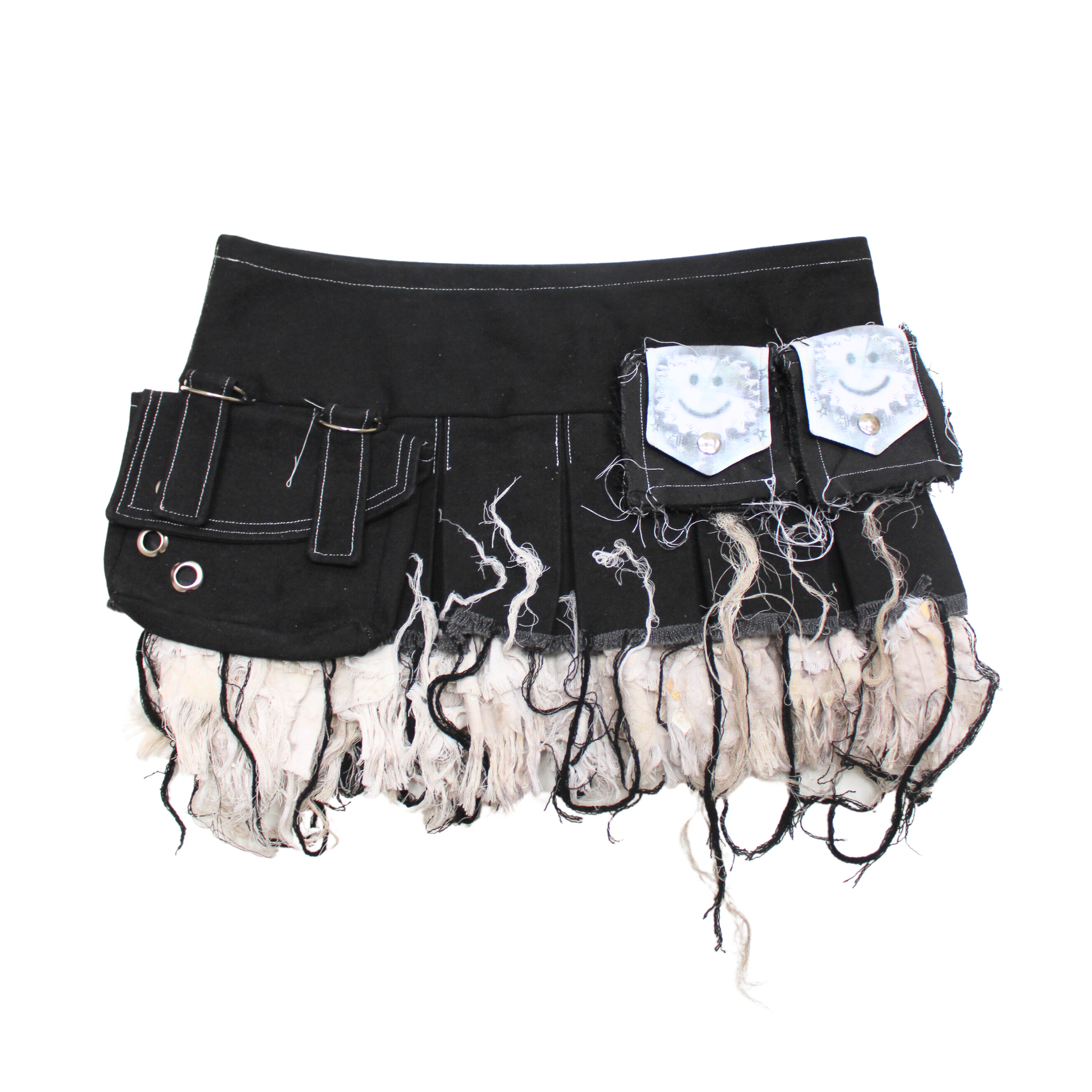 Hyper Distressed Pleated Black and White Utility Skirt