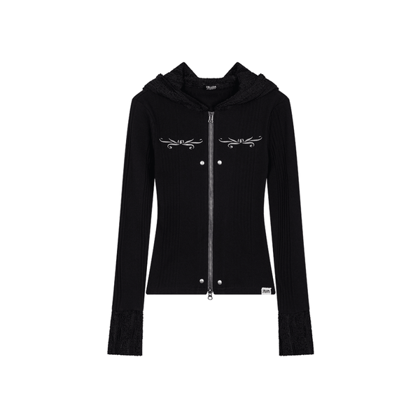 Black Lace Embroidered Hood Zip-Up – ap0cene