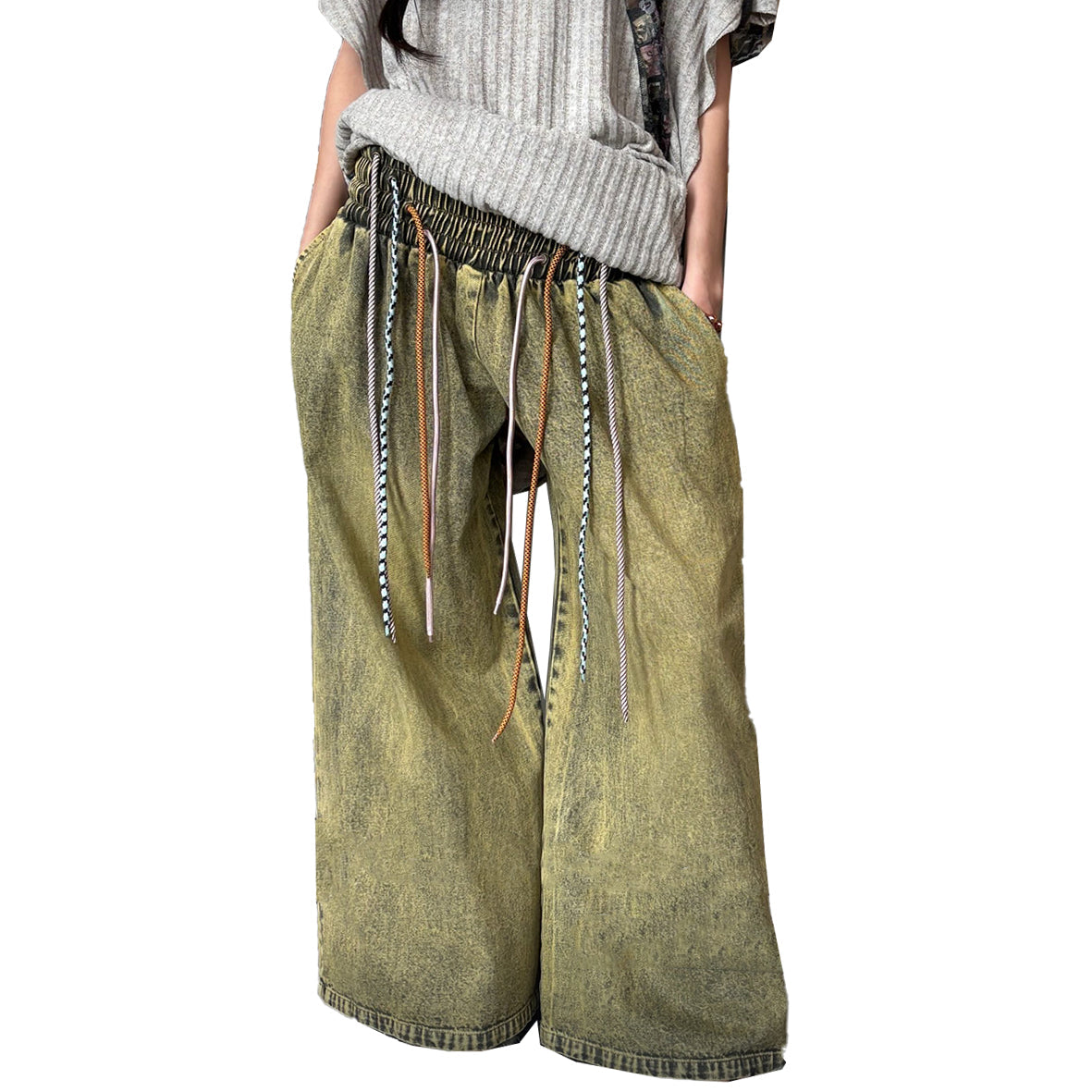 4-Drawstring Elastic Waist Band Oversized Jeans Washout Green