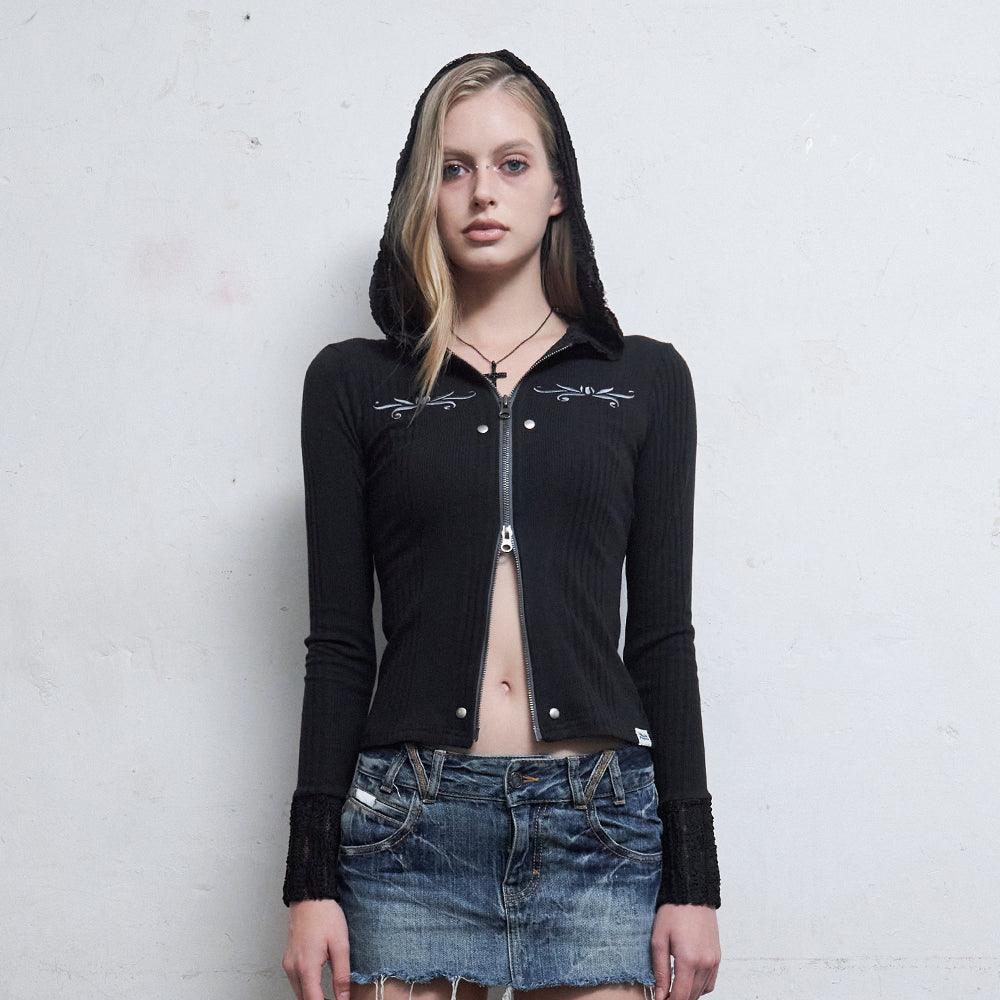Black Lace Embroidered Hood Zip-Up