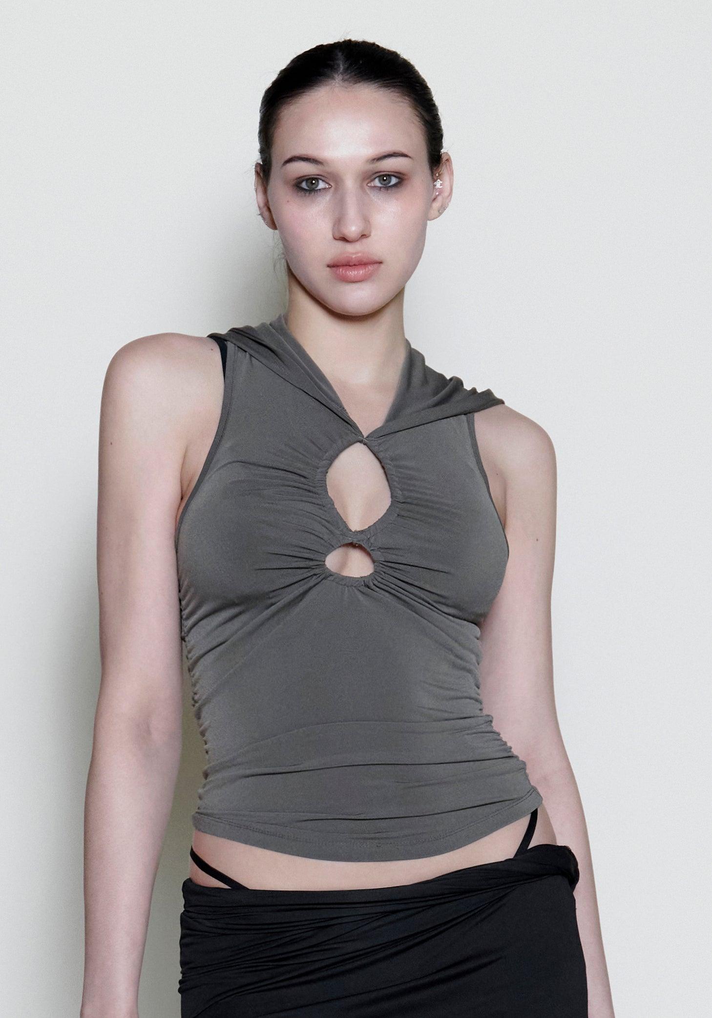 카키 홀 슬리브리스 후드 티셔츠