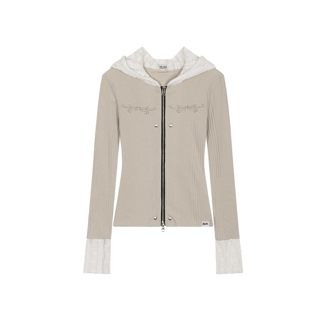 Ivory Lace Embroidered Hood Zip-Up