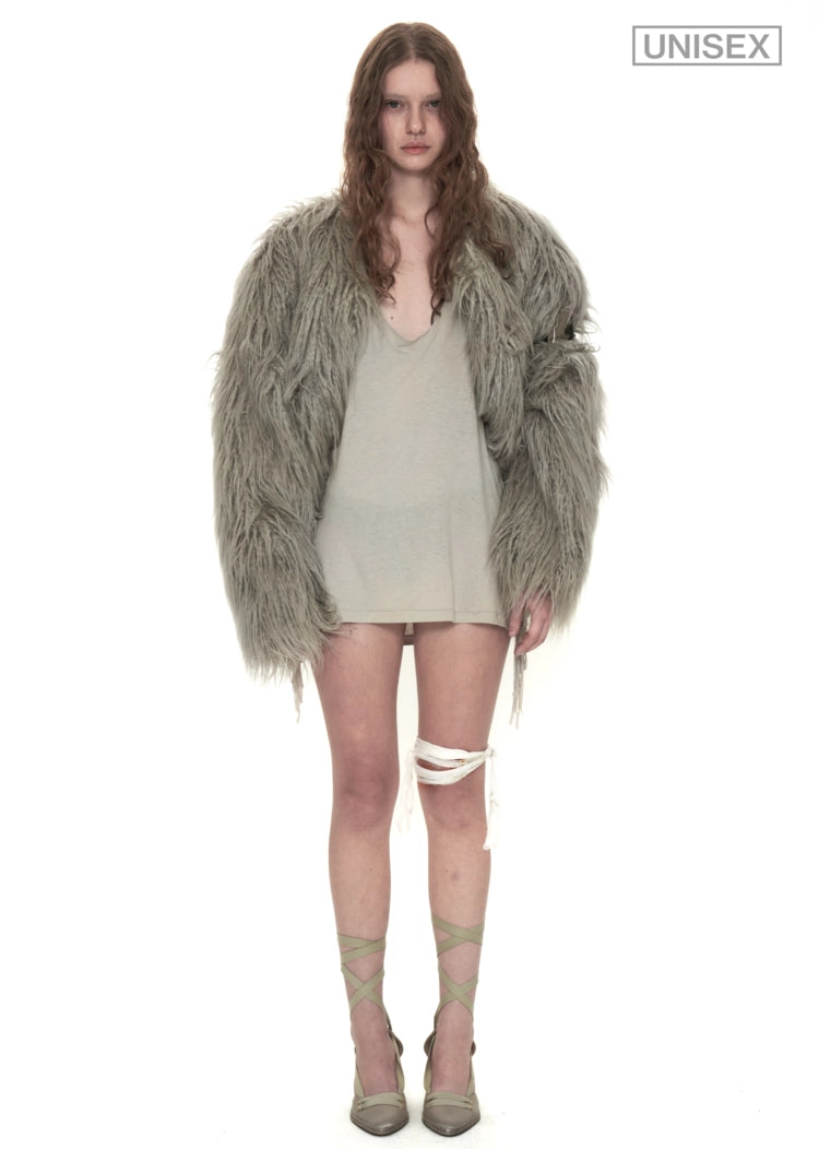 Fur Jacket with Army Patch in Sage
