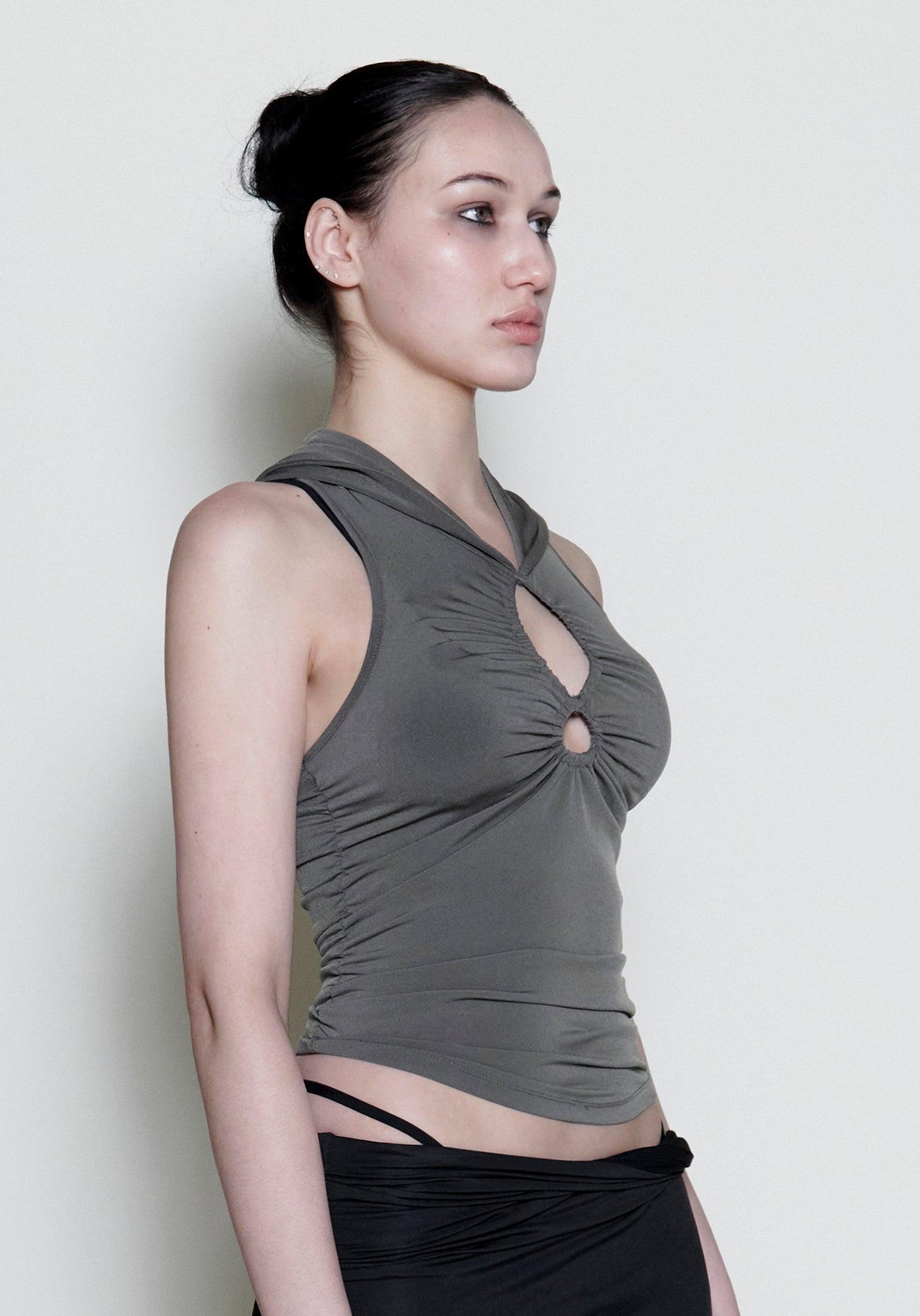 카키 홀 슬리브리스 후드 티셔츠