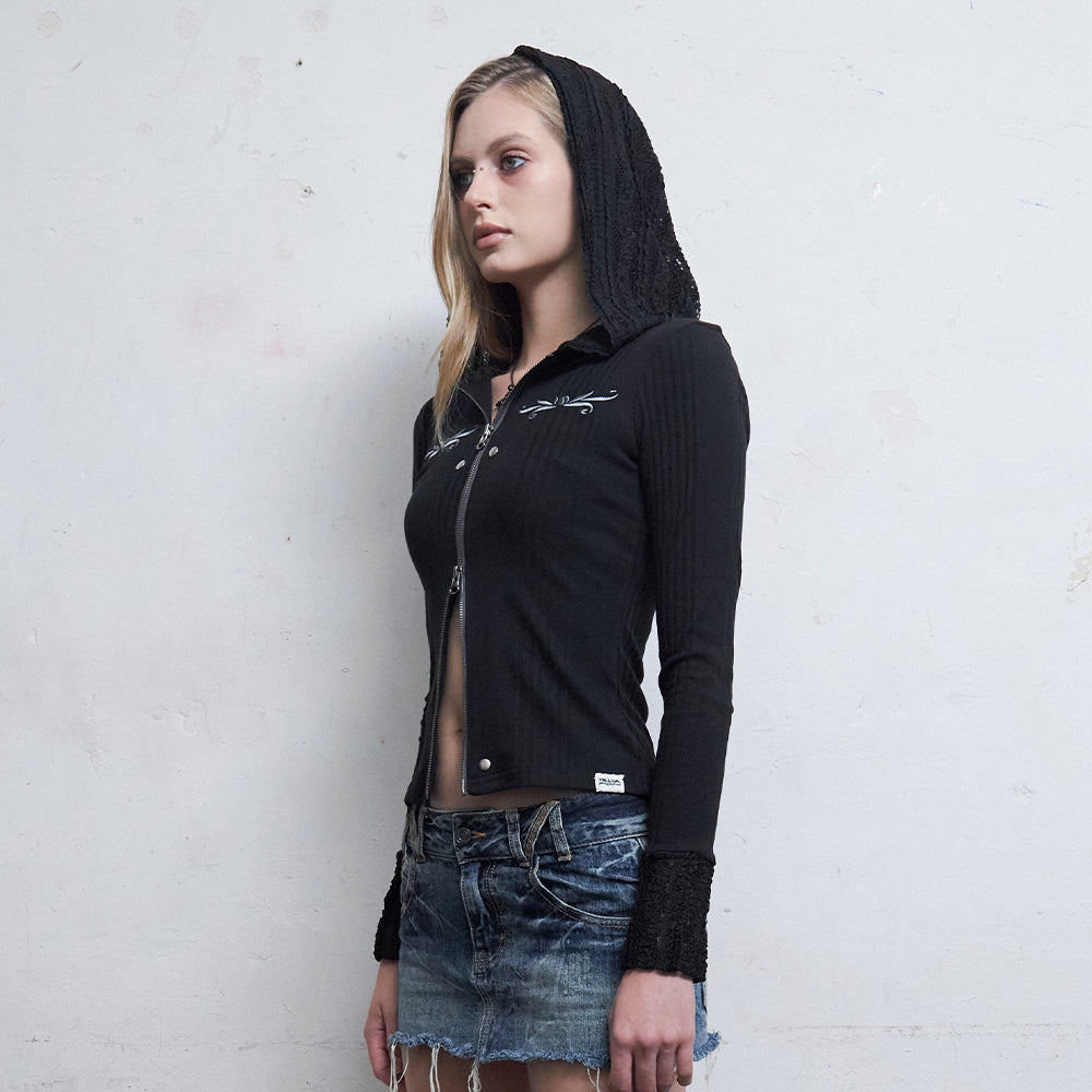 Black Lace Embroidered Hood Zip-Up