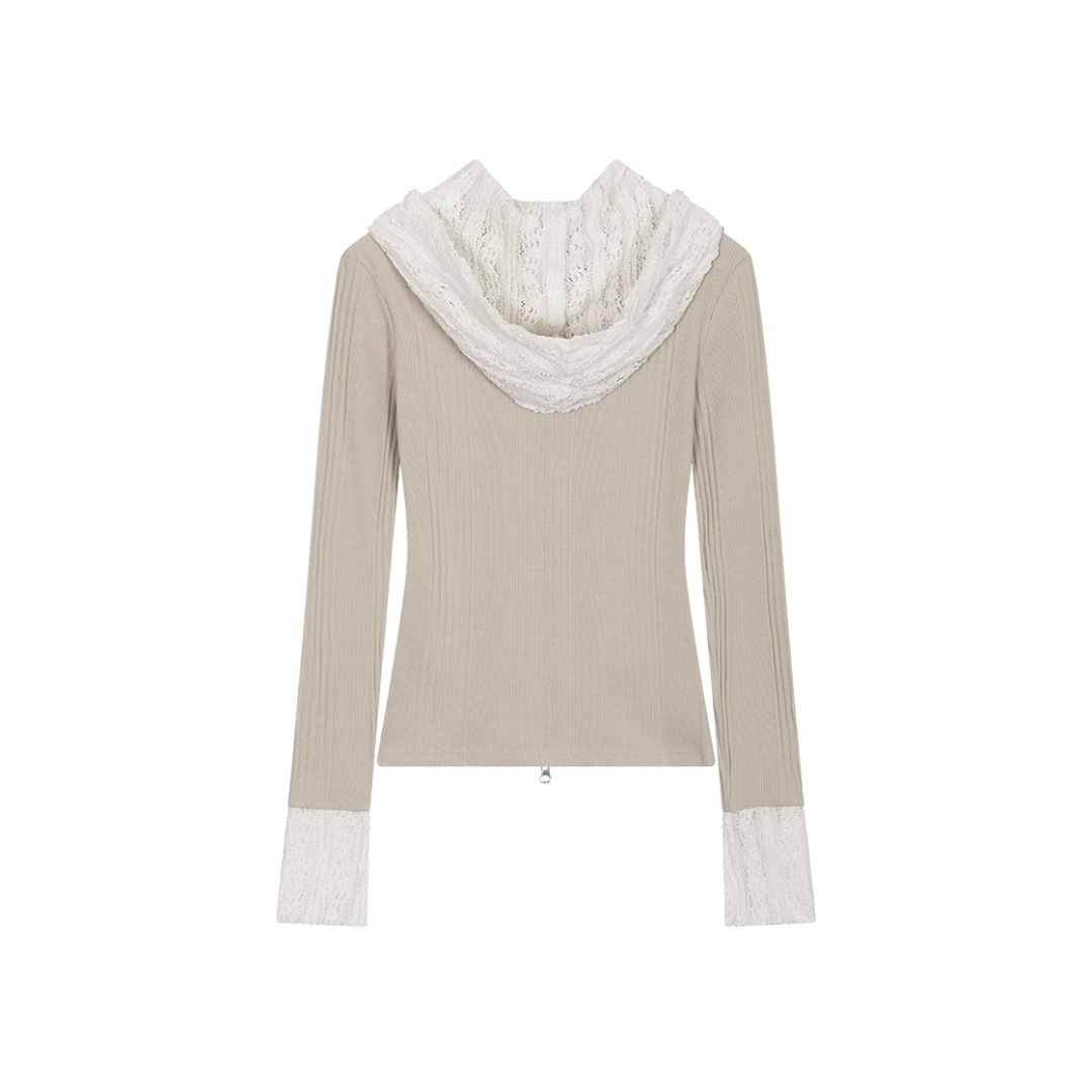 Ivory Lace Embroidered Hood Zip-Up