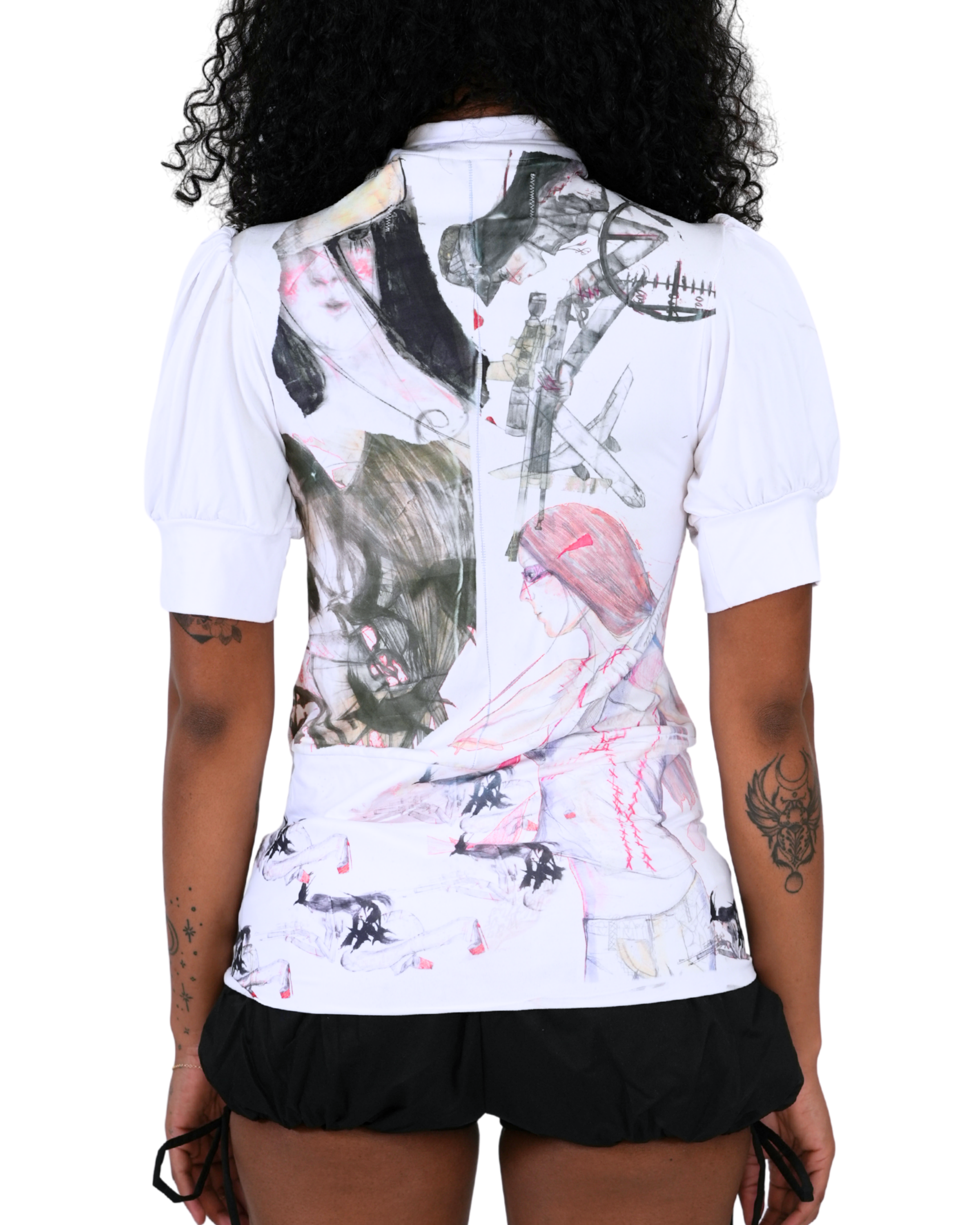 White Puff Slv Turtleneck Zip Up