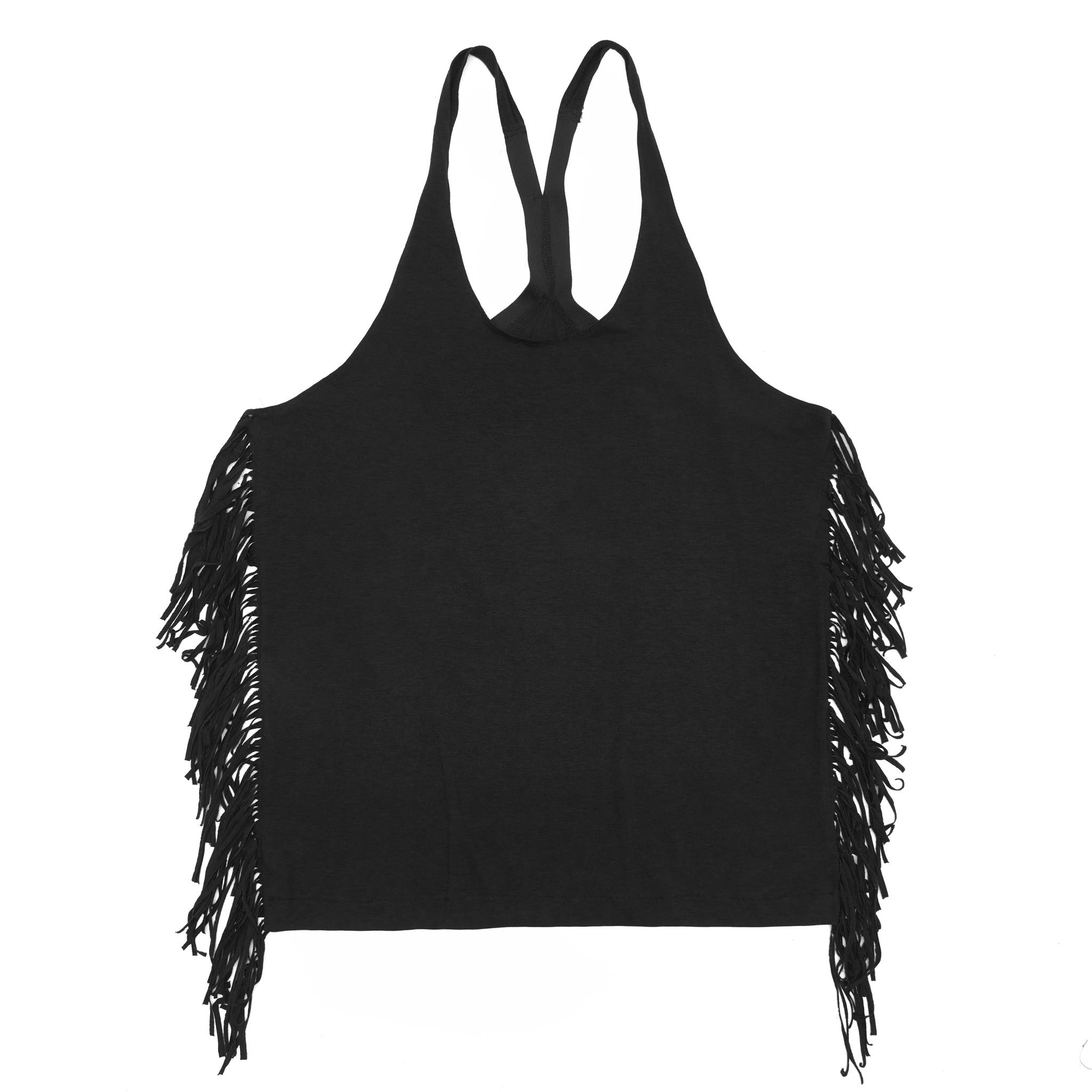 Fringed Deep Neck Tank Top in Black
