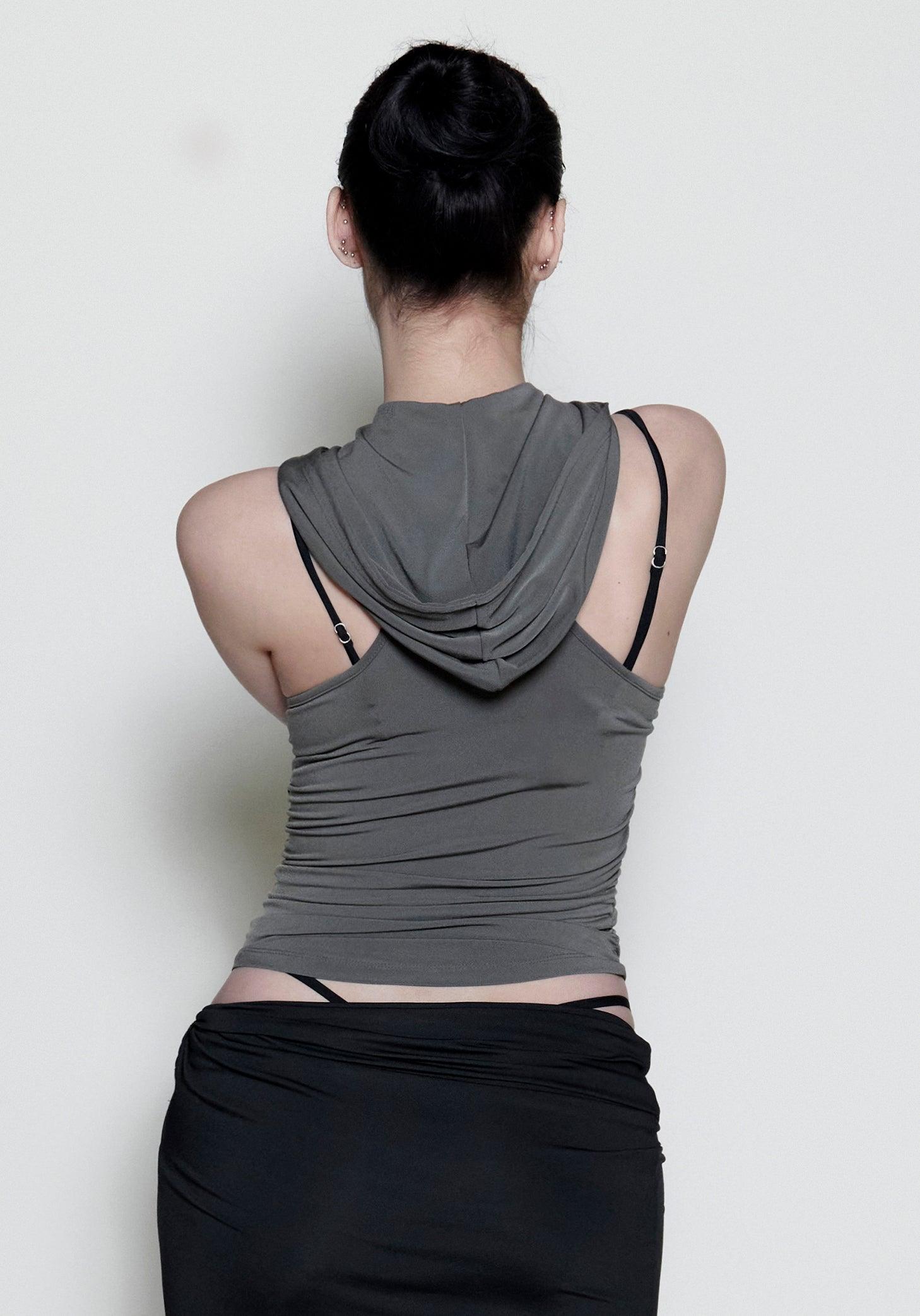 카키 홀 슬리브리스 후드 티셔츠