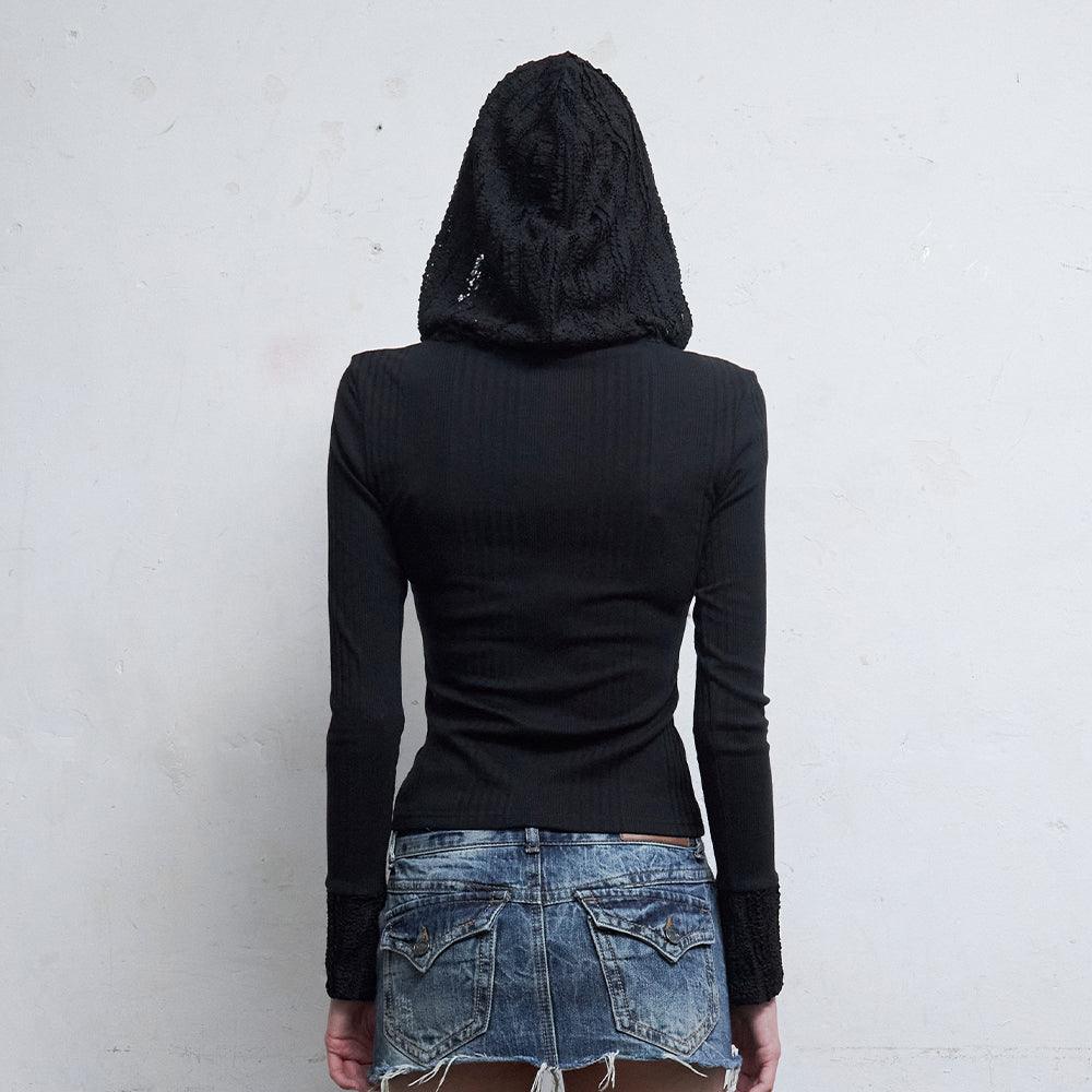 Black Lace Embroidered Hood Zip-Up