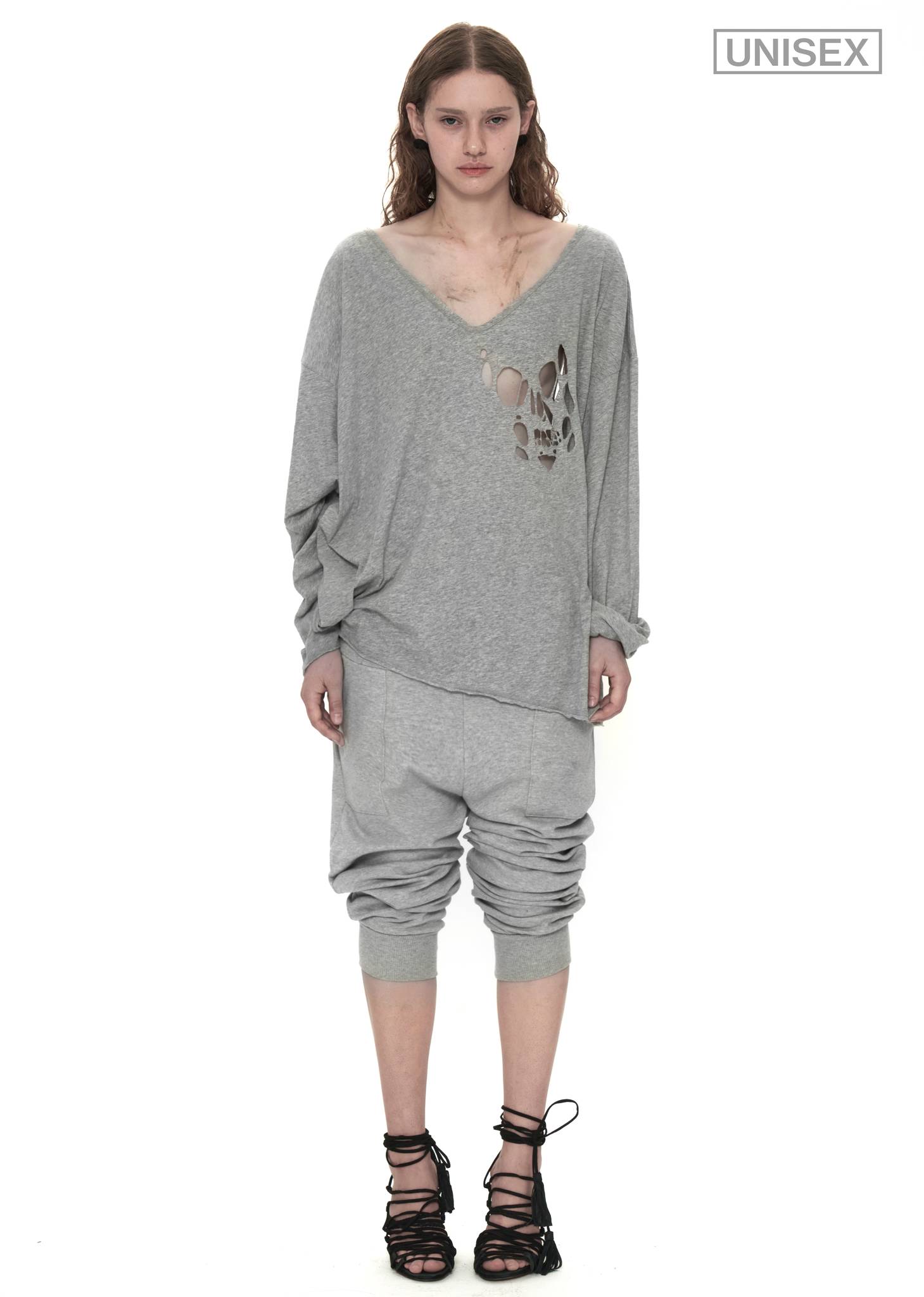 V-neck Tee with Skull Cutout in Grey