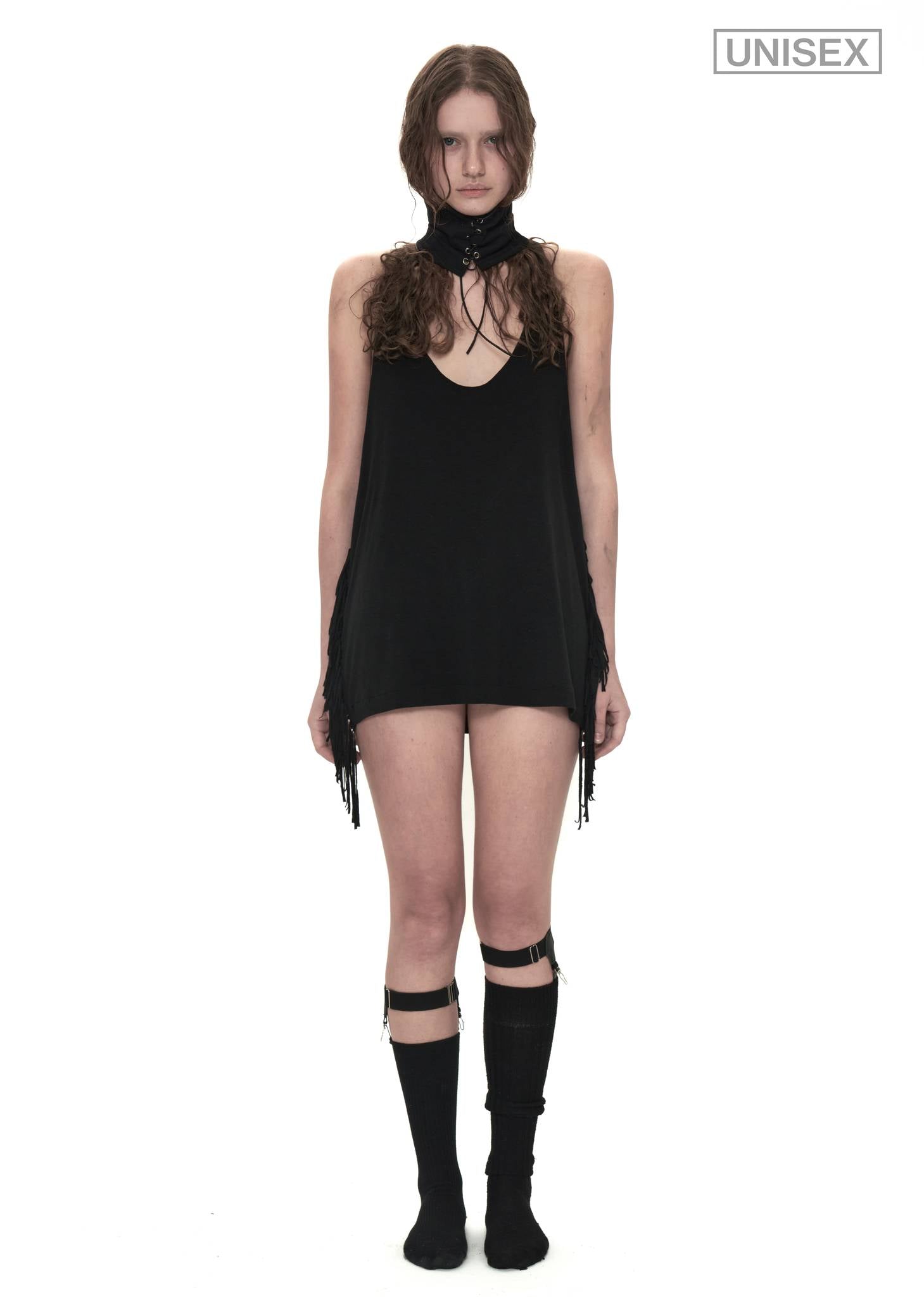 Fringed Deep Neck Tank Top in Black