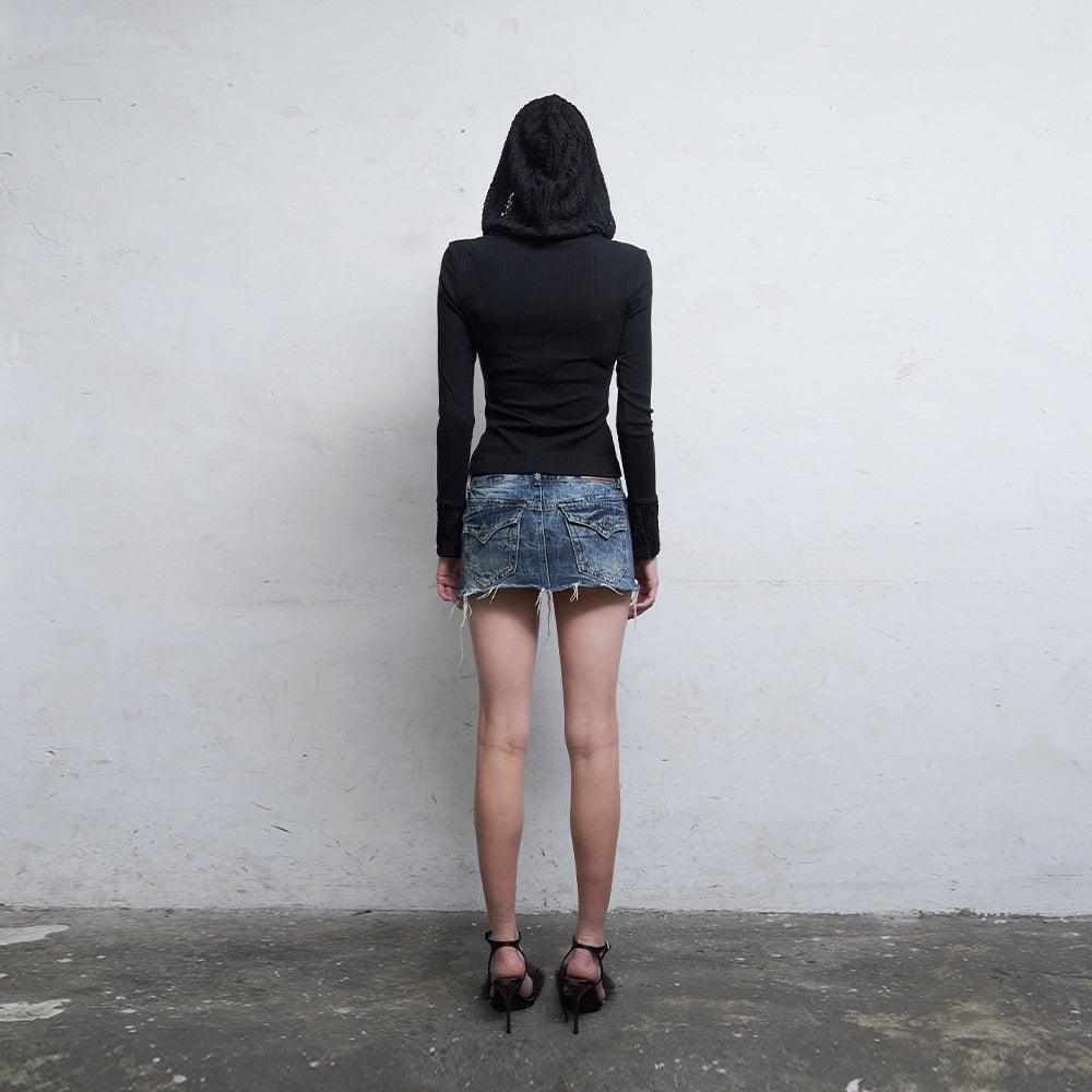 Black Lace Embroidered Hood Zip-Up