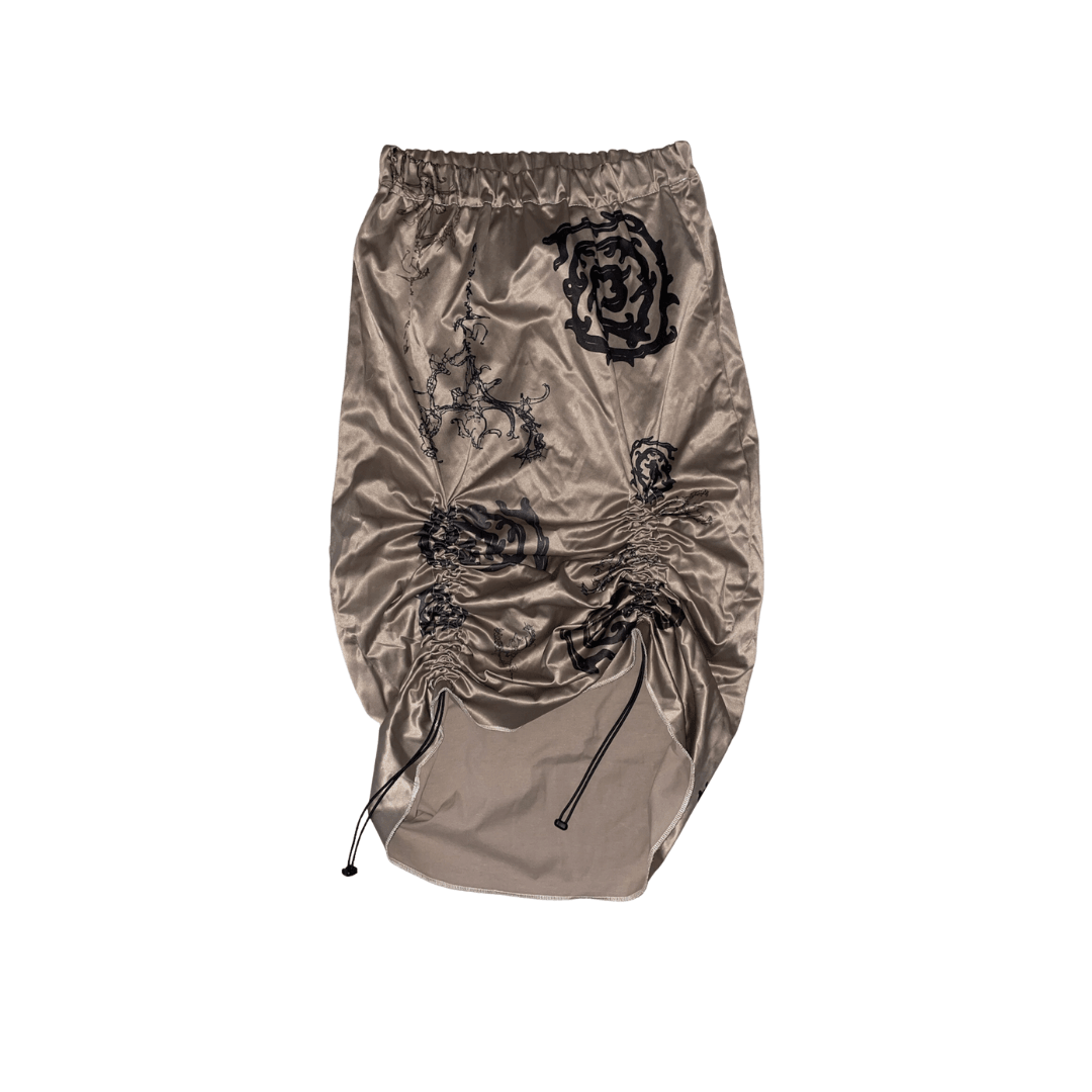 Goldfarbener, gerüschter Midirock in Wickeloptik