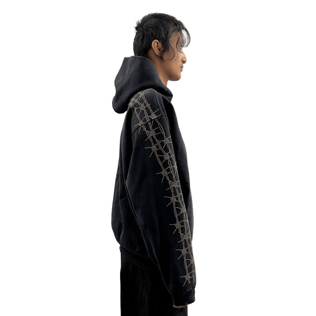 The Barbed Wire Hoodie in Vintage Black with Brass Rhinestones