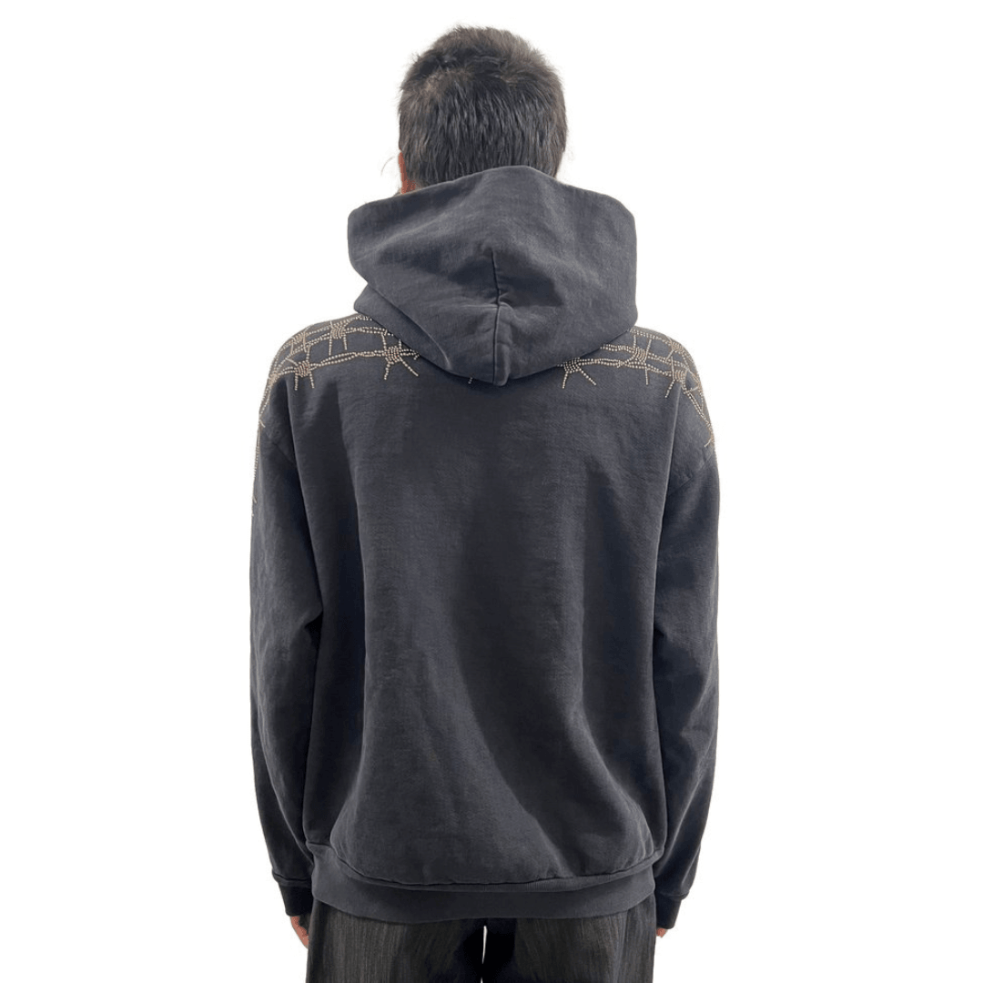 The Barbed Wire Hoodie in White with Silver Rhinestones