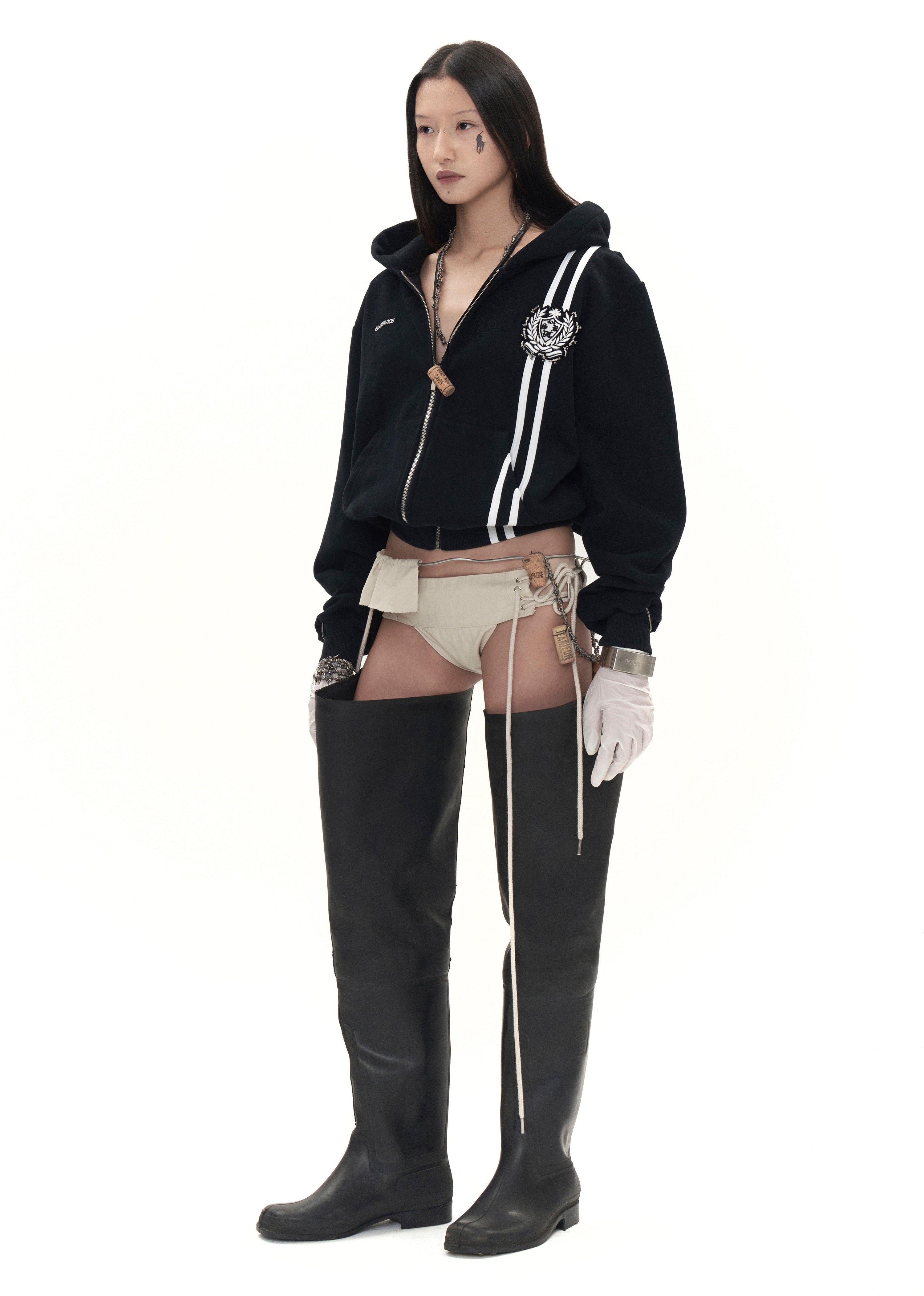 비즈 장식 학교 로고 트랙 후드 티셔츠