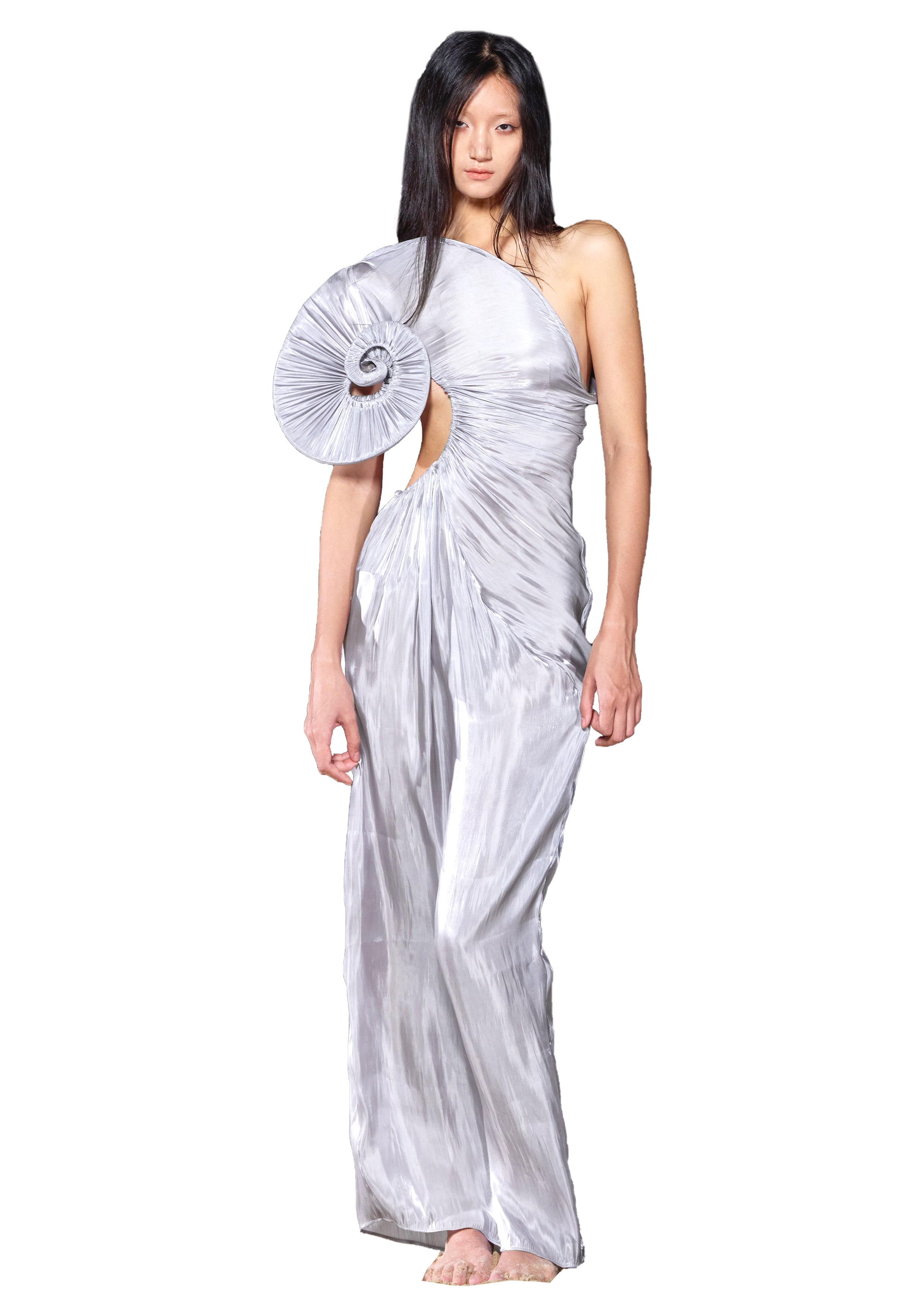 Asymmetrical Sea Shell Swirl Maxi Gown Silver Satin – ap0cene