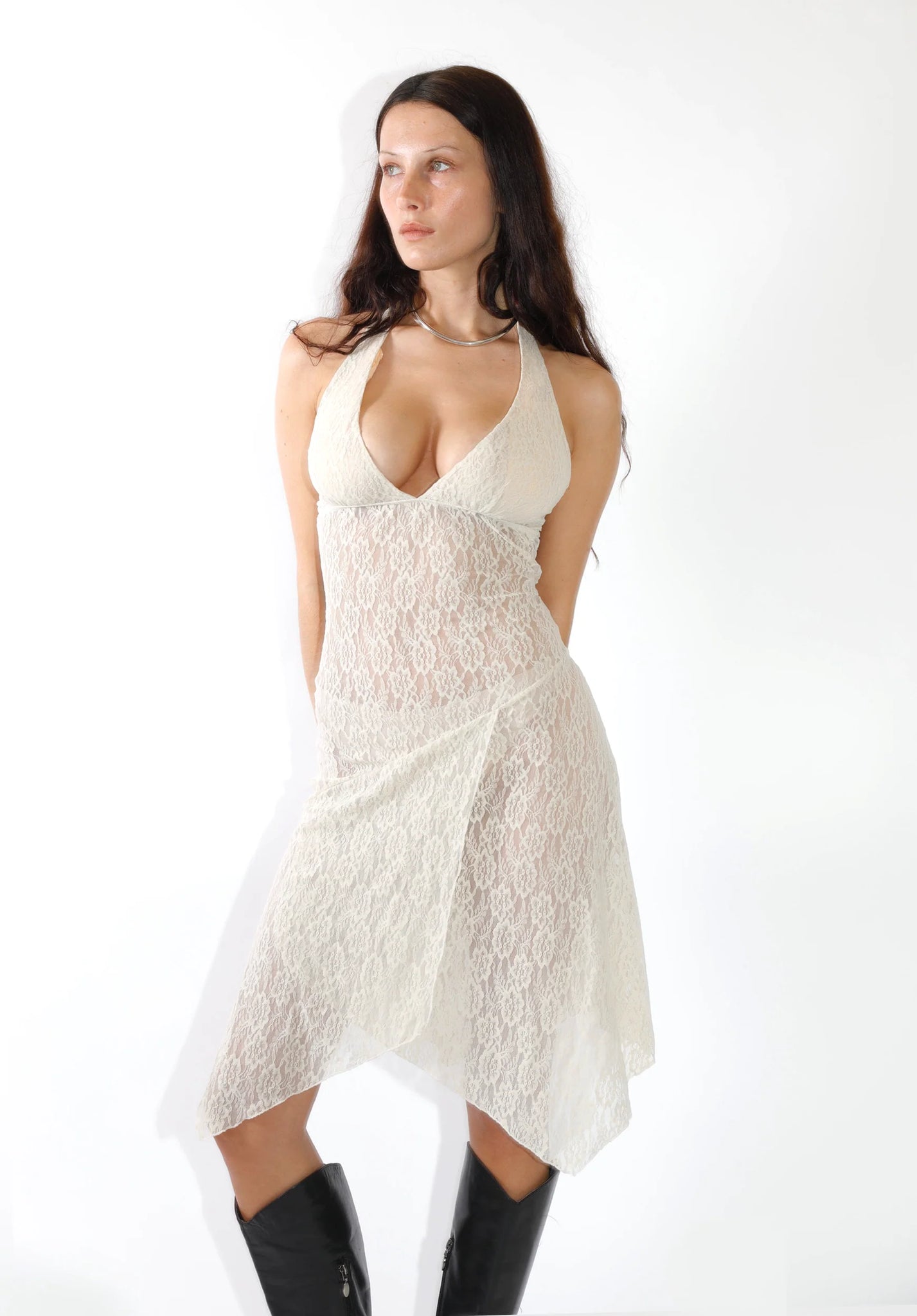 Aurora Halter Dress in Sandstone Lace
