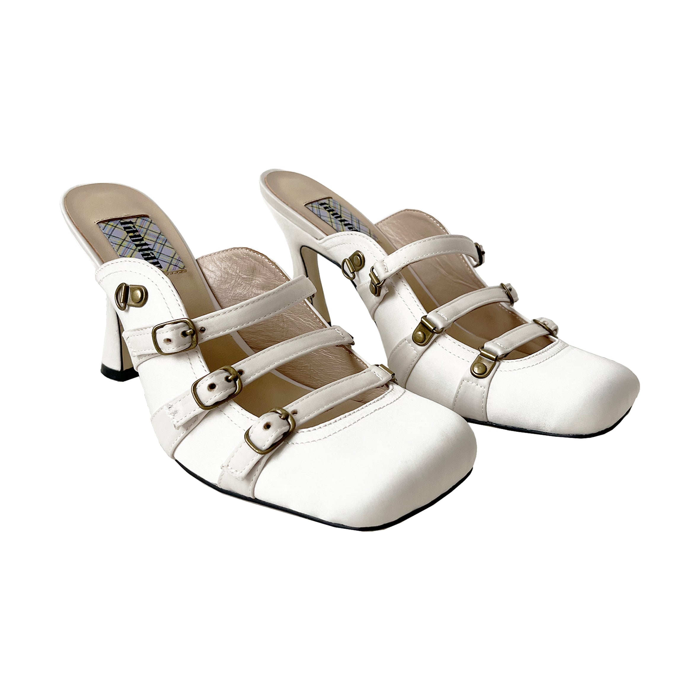 White Satin Lace Up Square Toe Mules