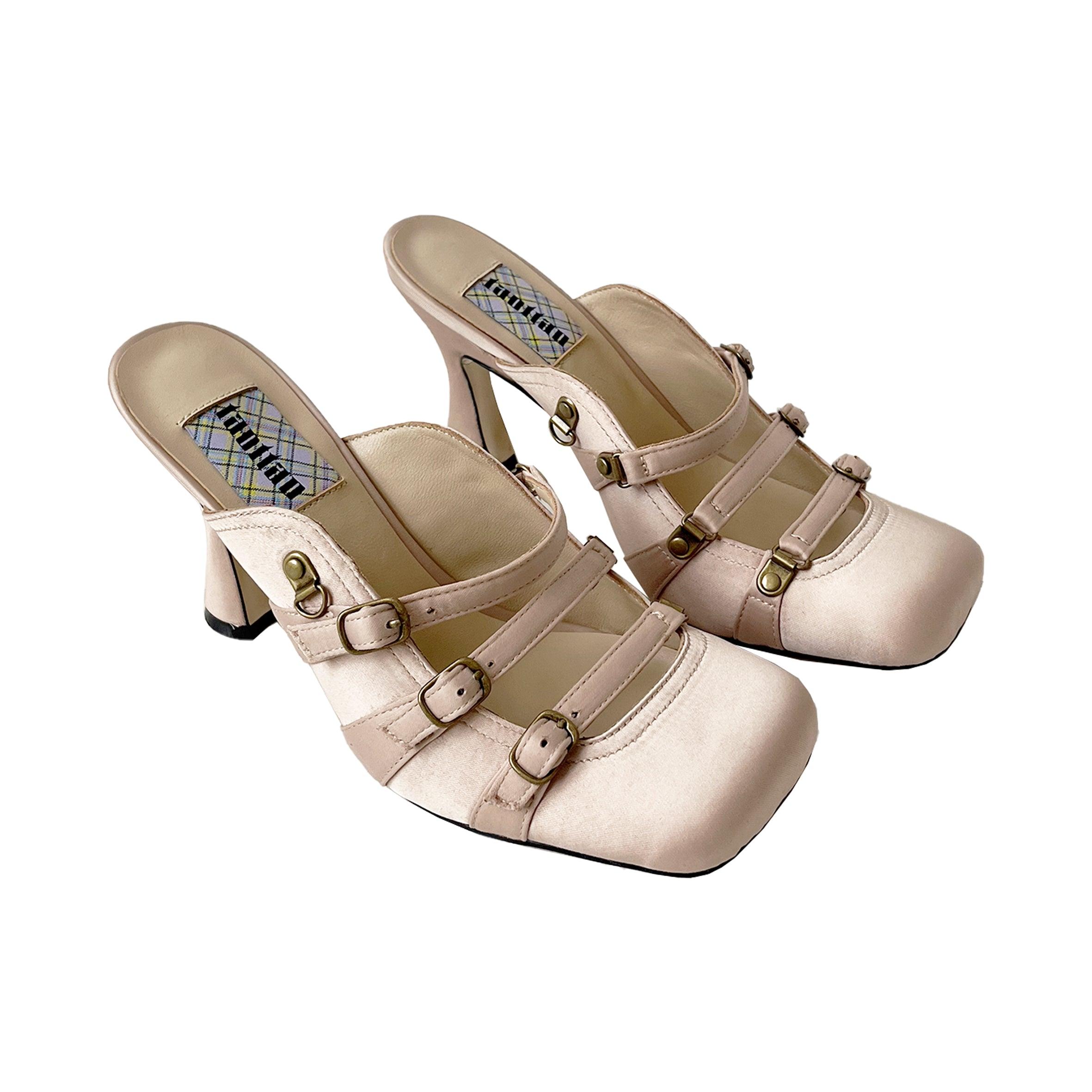 Pink Satin Lace Up Square Toe Mules