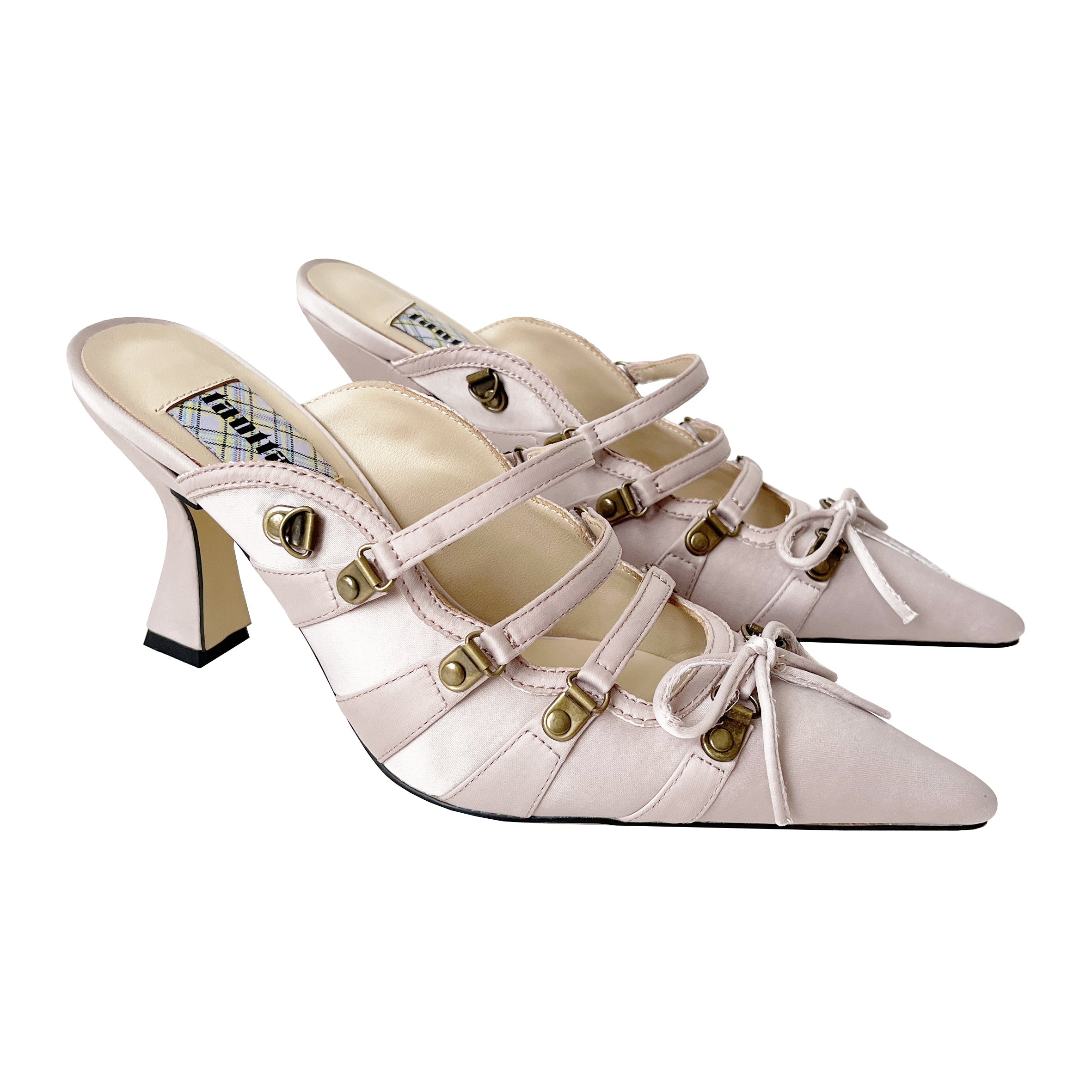 Pastel Pink Satin Lace Up Pointed Toe Mules