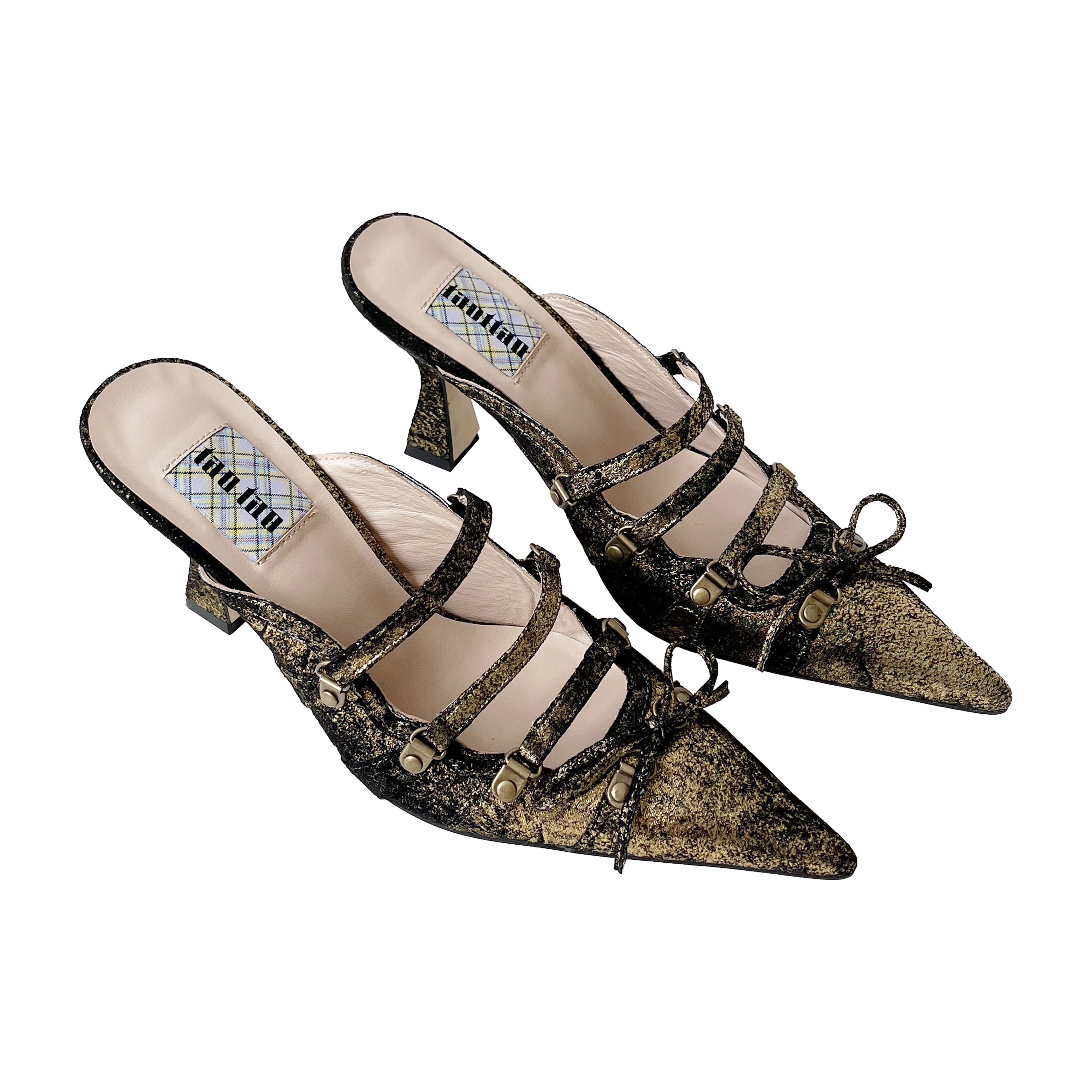 Gold Suede Satin Lace Up Pointed Toe Mules