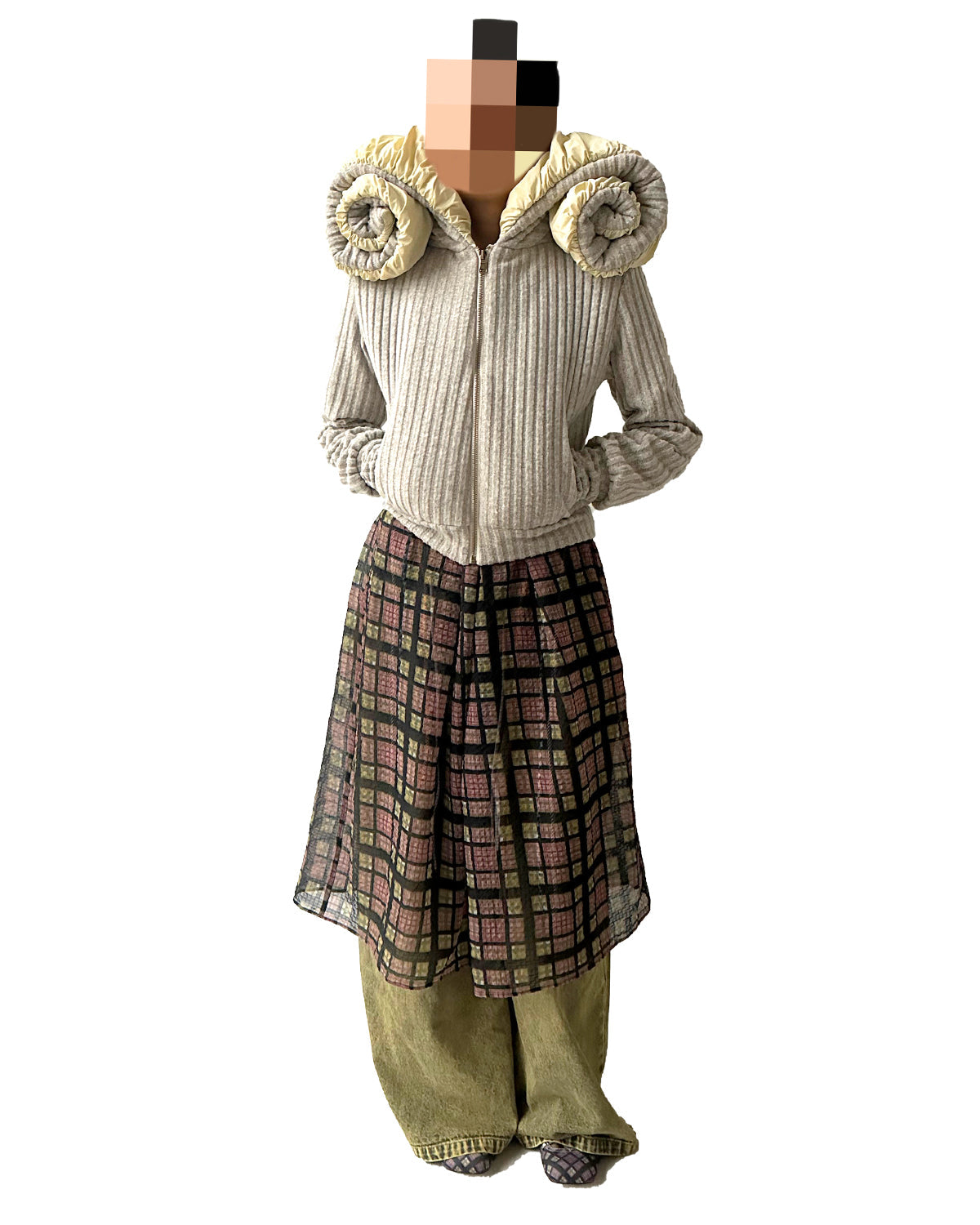 Swirl Collar Rib Knit Jacket Grey Yellow