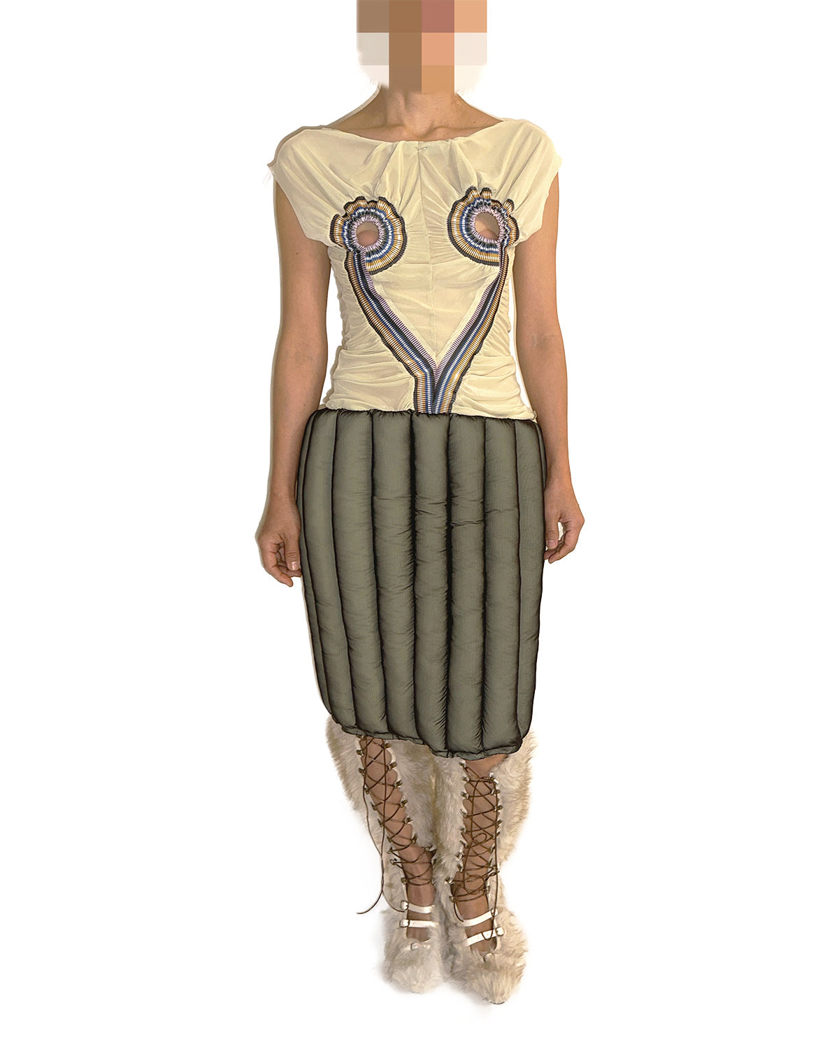 Sand Cream Mesh Top Rib Patched Heart Shape Tank Tee