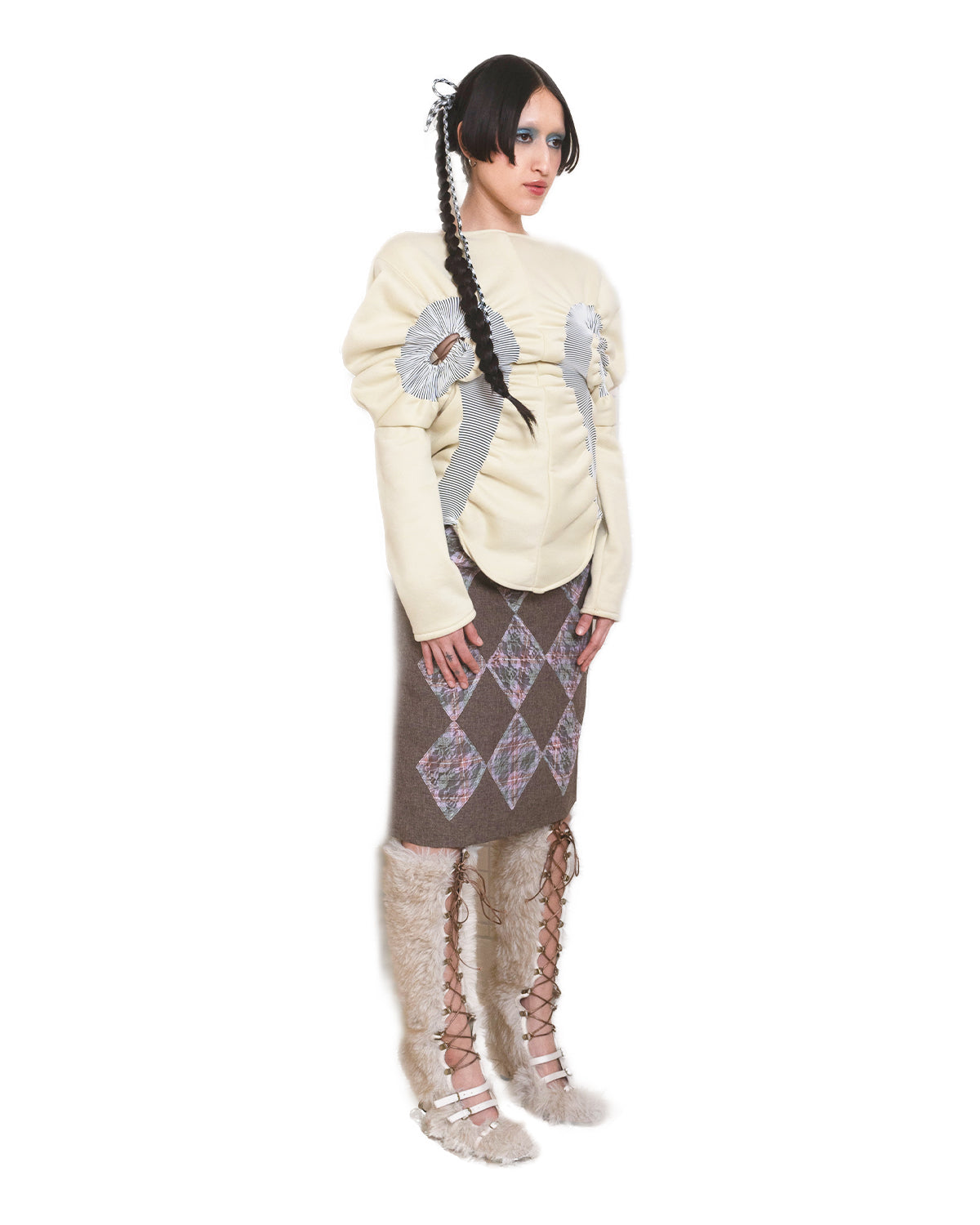 Grey Suiting Pink Plaid Lace Patchwork Midi Skirt