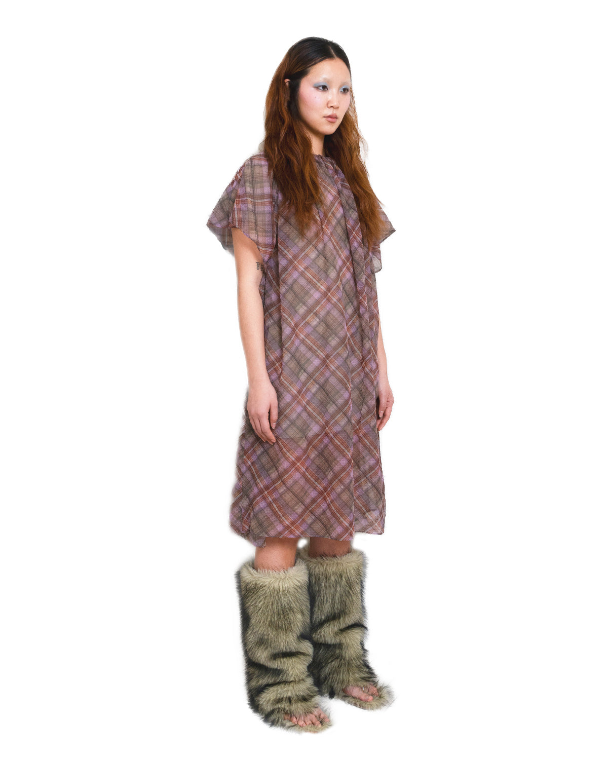 Plaid Puff Chiffon T-shirt Dress Earth Tartan M-L
