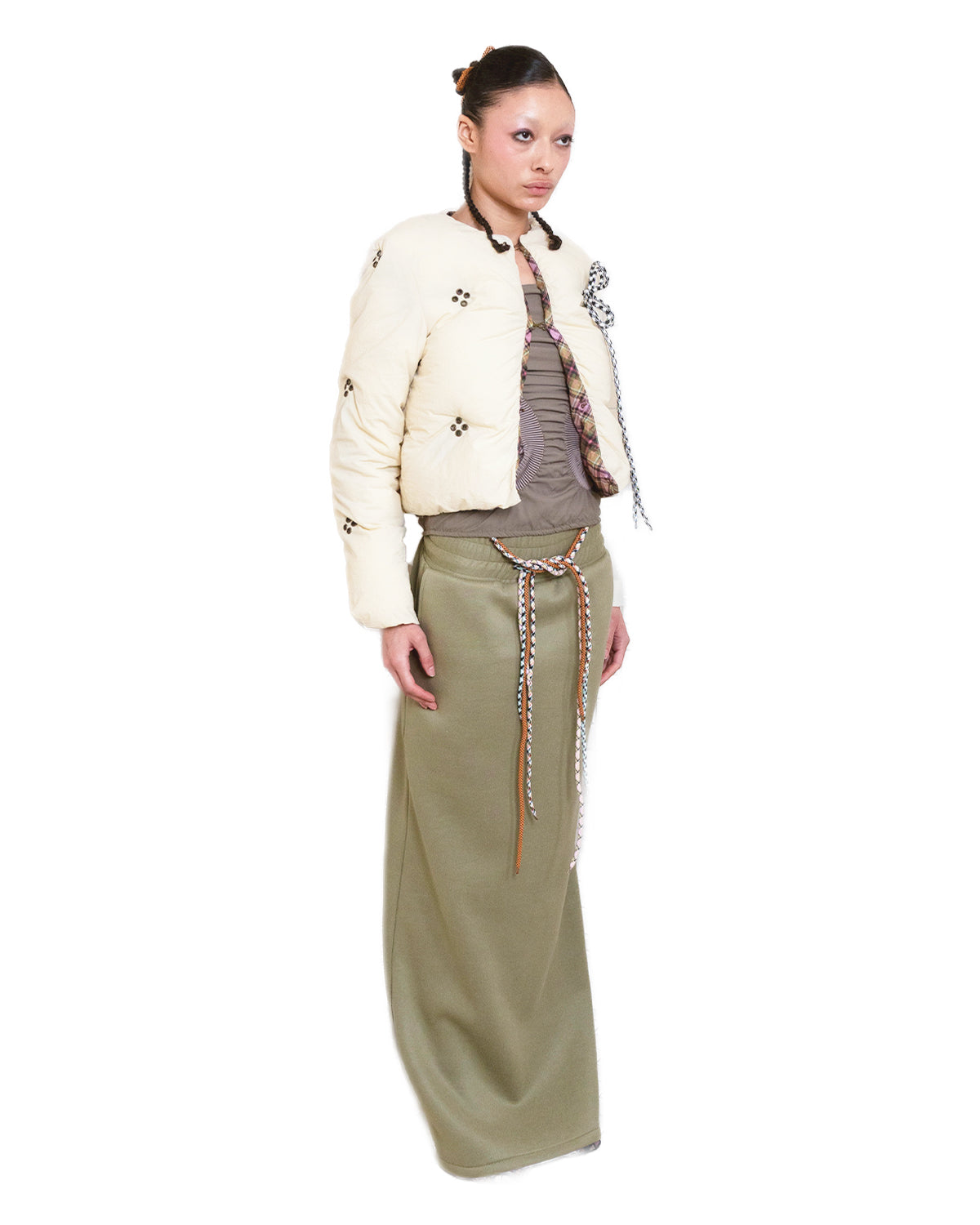 Drawstring Wide Elastic Waistband Maxi Sweat Skirt Olive
