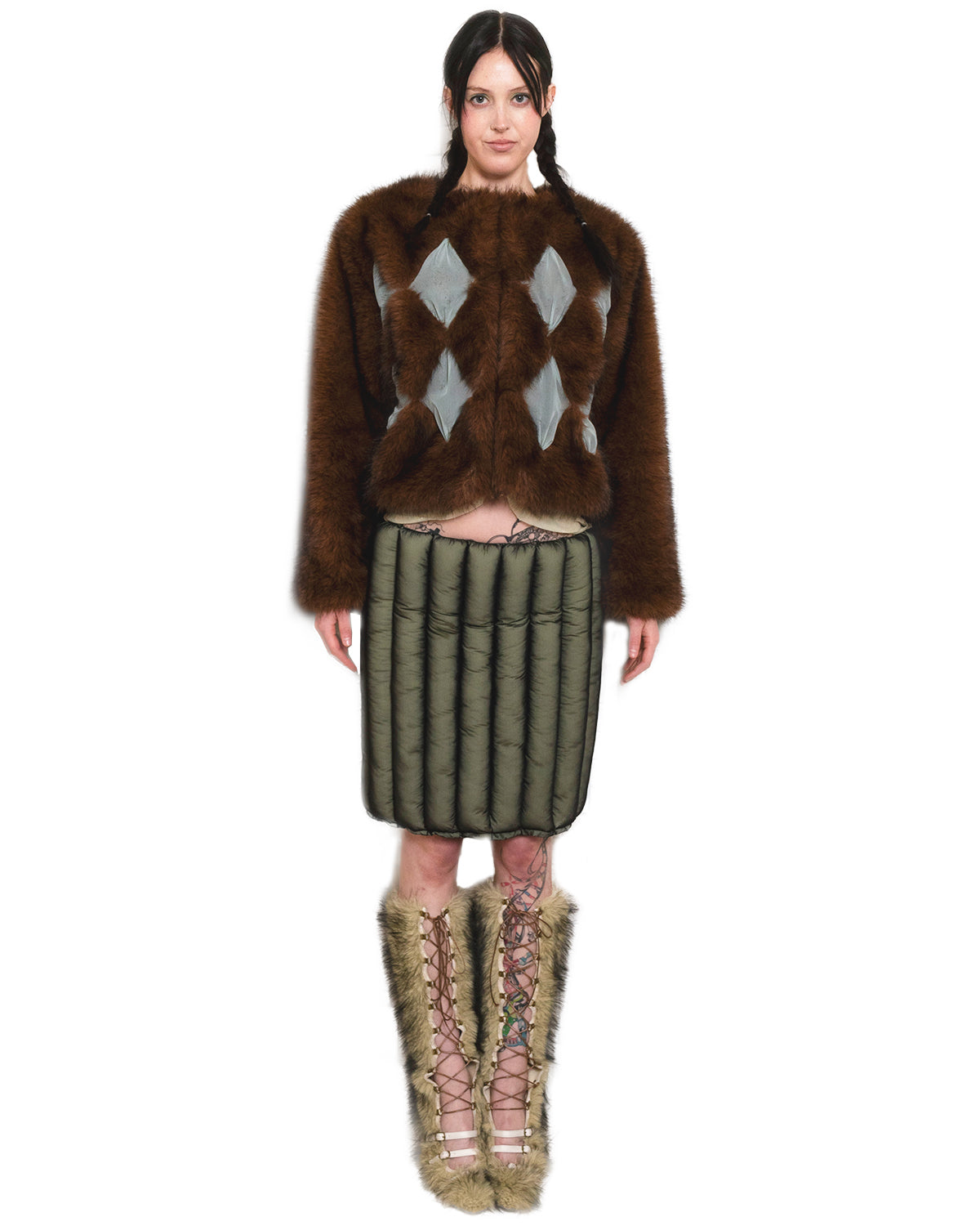 Satin Binded Lace Up Faux Fur Caterpillar Boots Straw Yellow