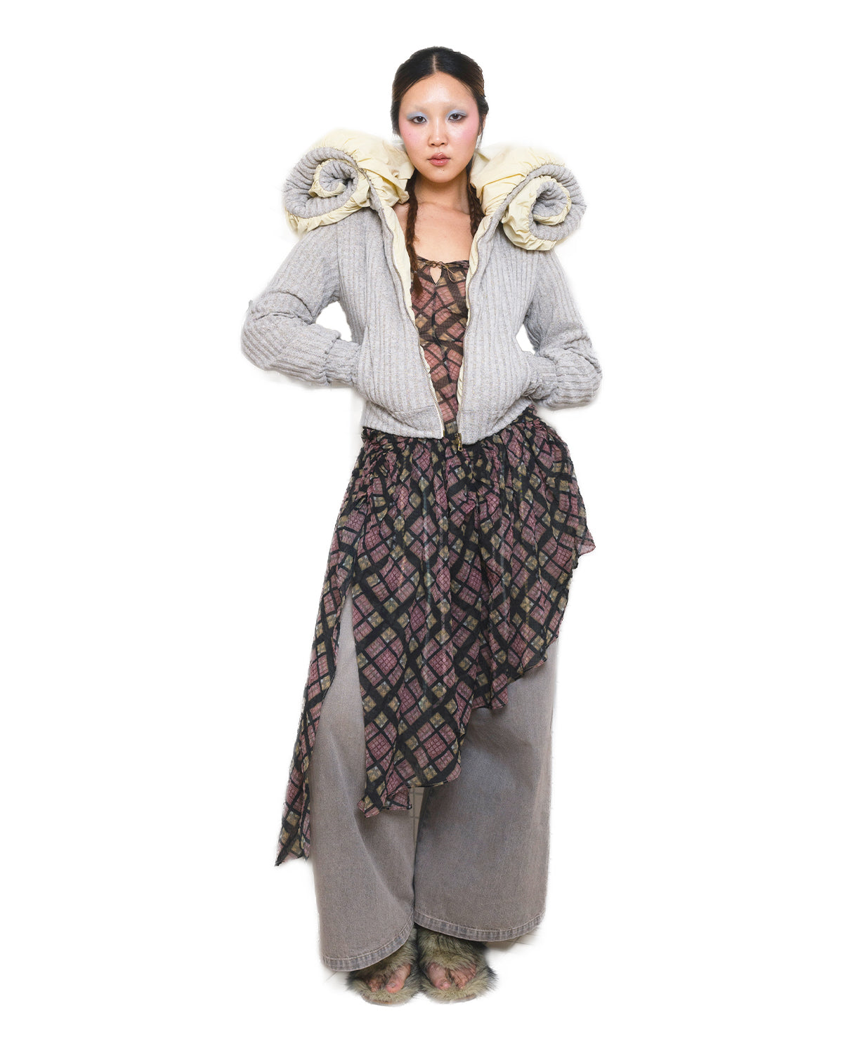 Swirl Collar Rib Knit Jacket Grey Yellow