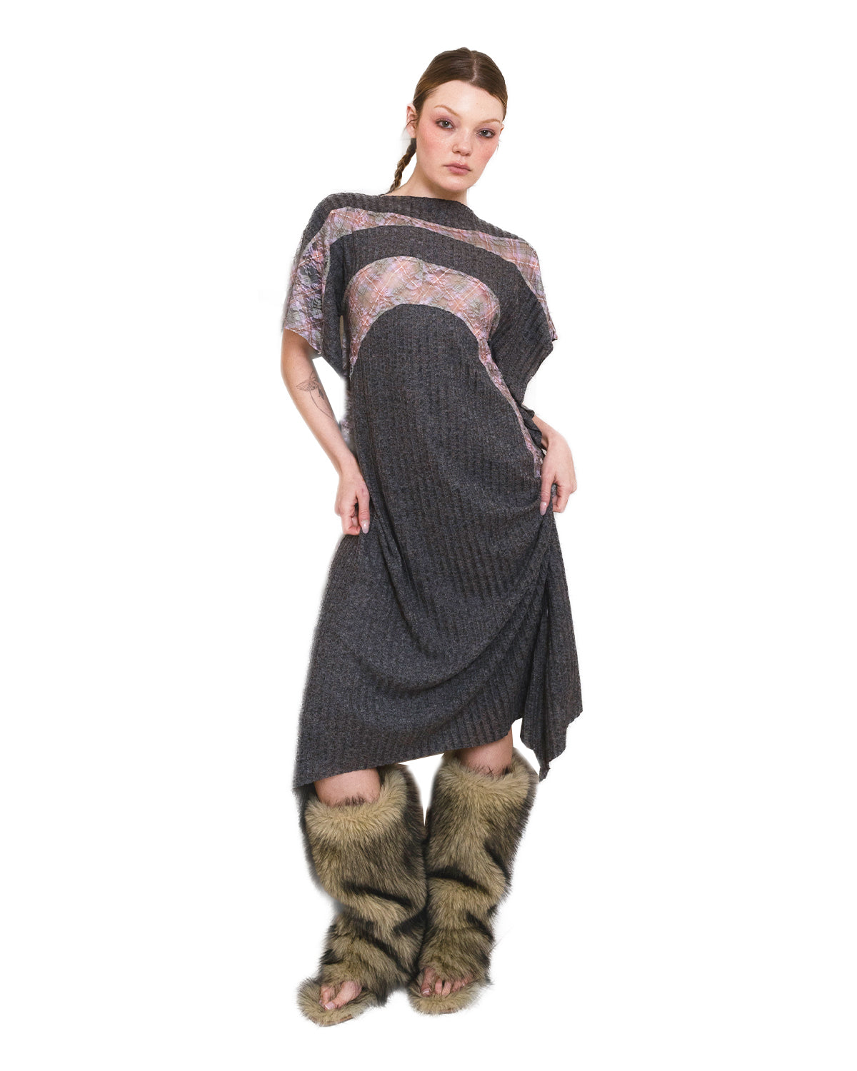 Rib Knit Draped Plaid Lace Midi T-Shirt Dress Charcoal Hakuto