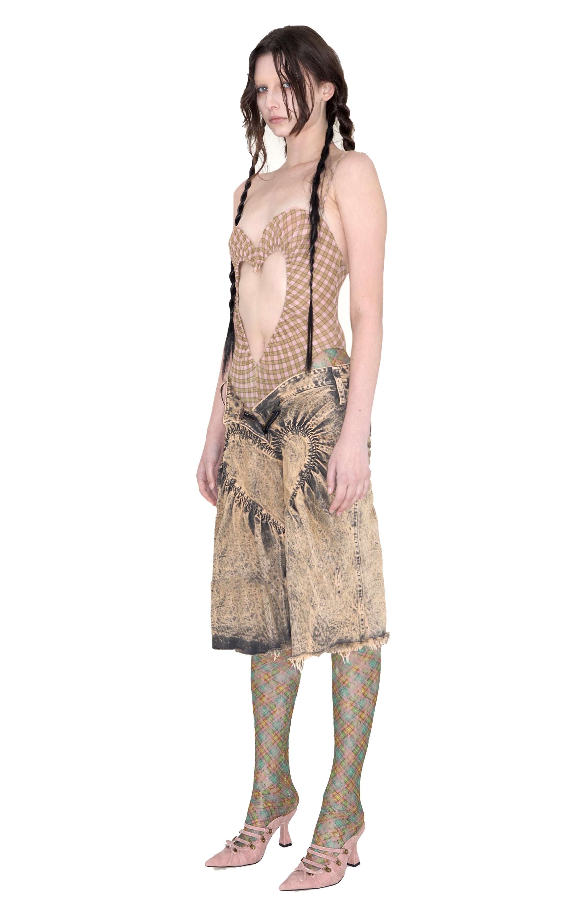 Unisex Ruched Heart Distressed Denim Shorts Black