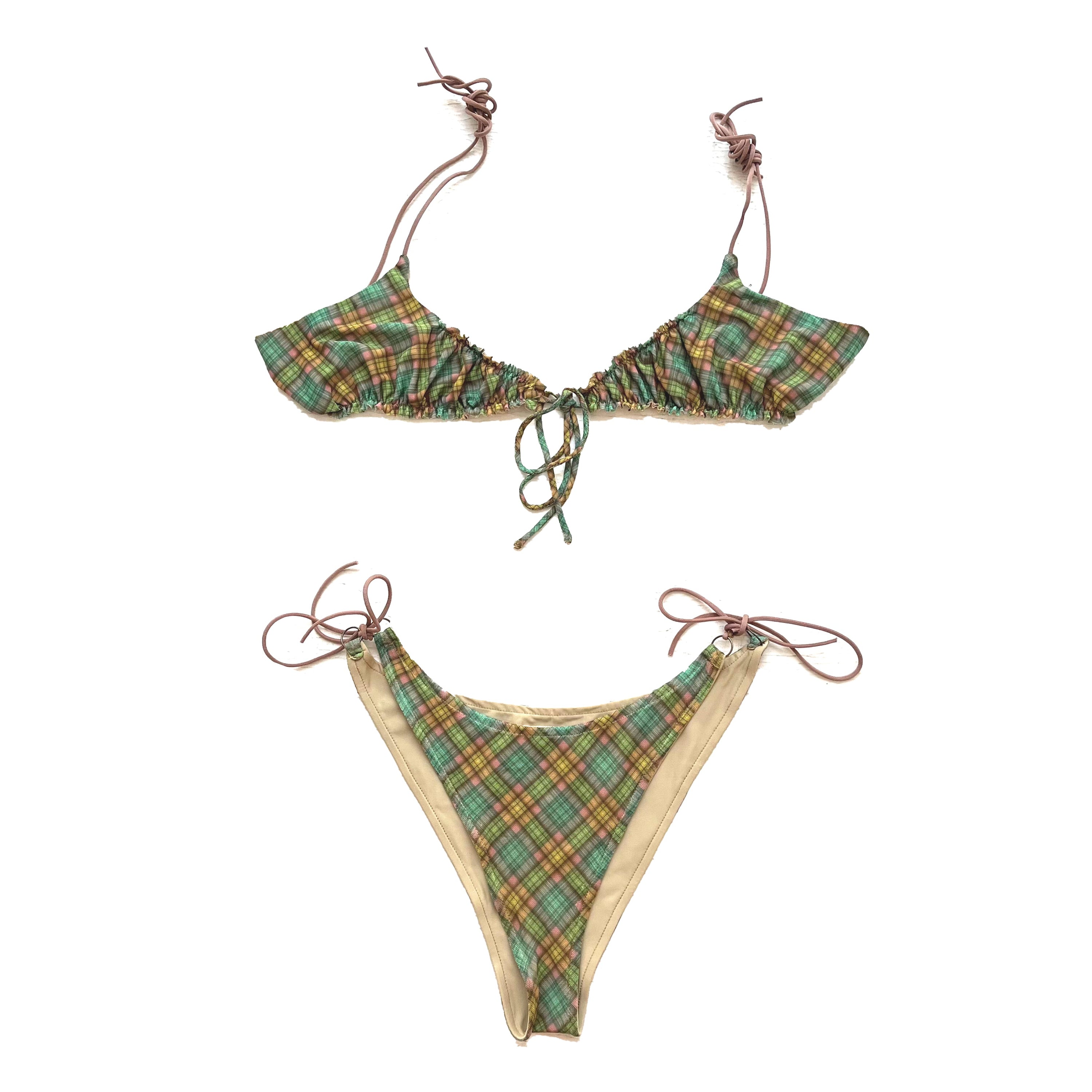 Mesh Plaid Gathered Bowtie Bikini Set Aristo