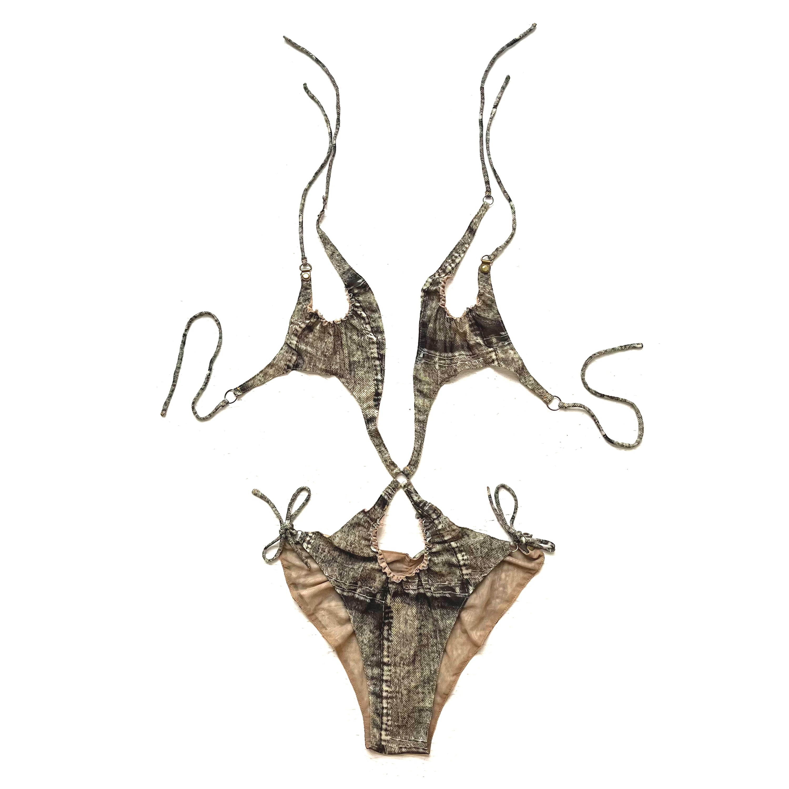 Lace Up Halter One-Piece Bodysuit Swimsuit Denim Print