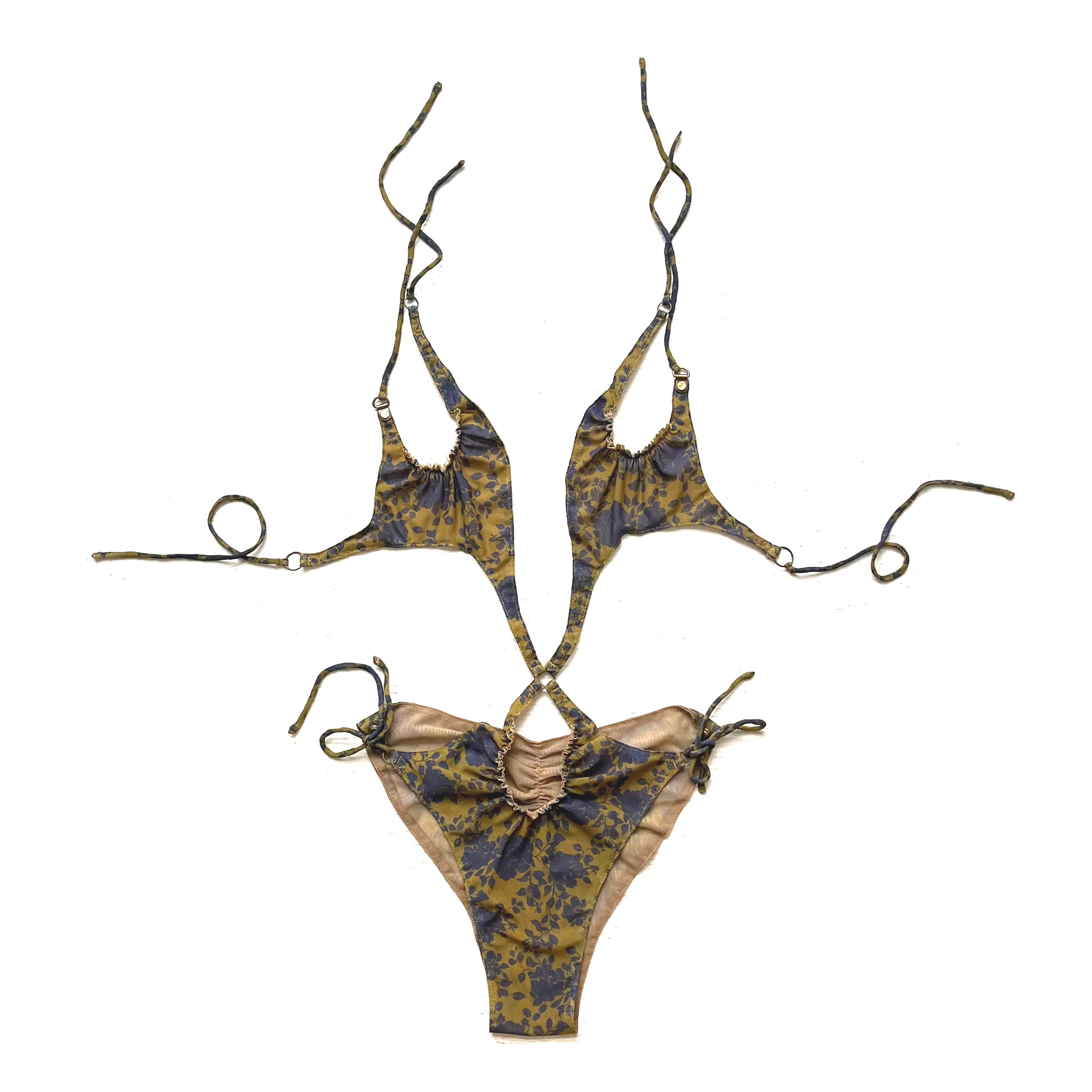 Lace Up Halter One-Piece Bodysuit Swimsuit Floral