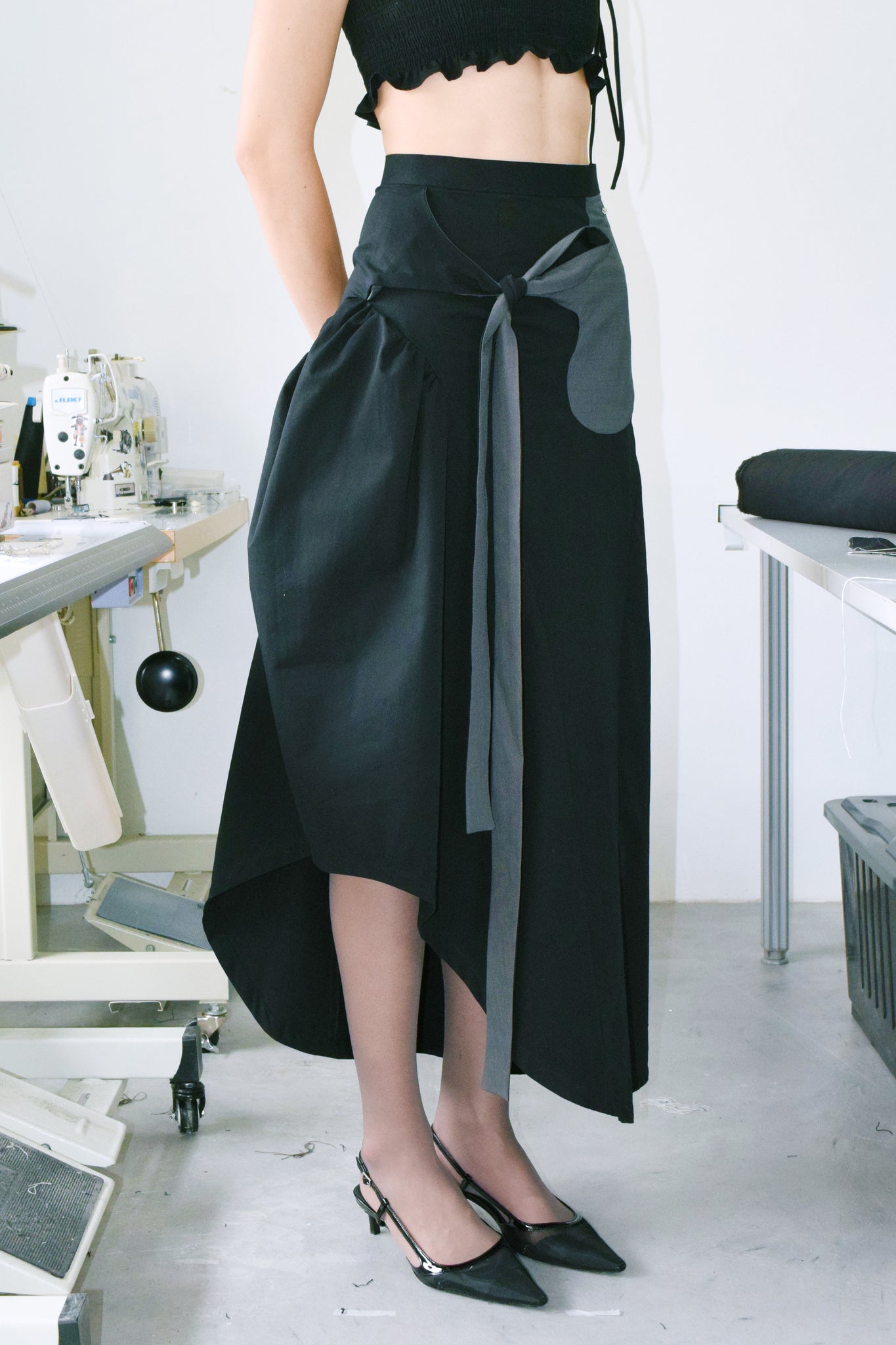 Grey-Panels Tie Gathered Skirt