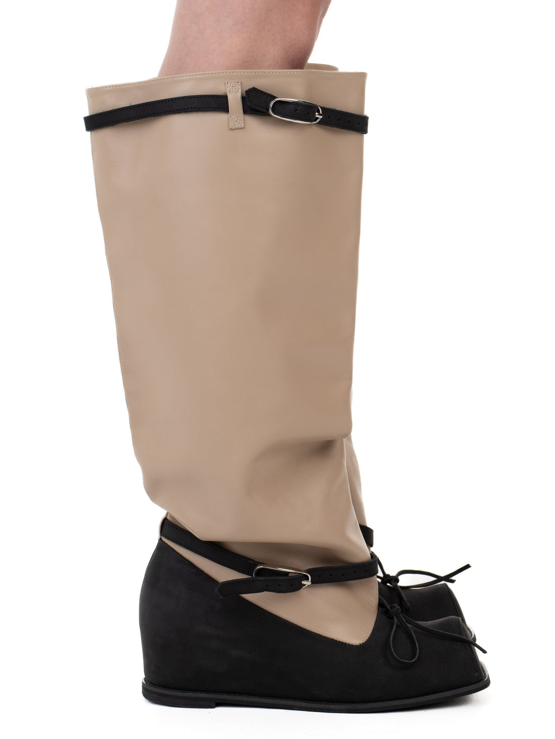 Hofa Knee High Buckle Boots In Beige and Black