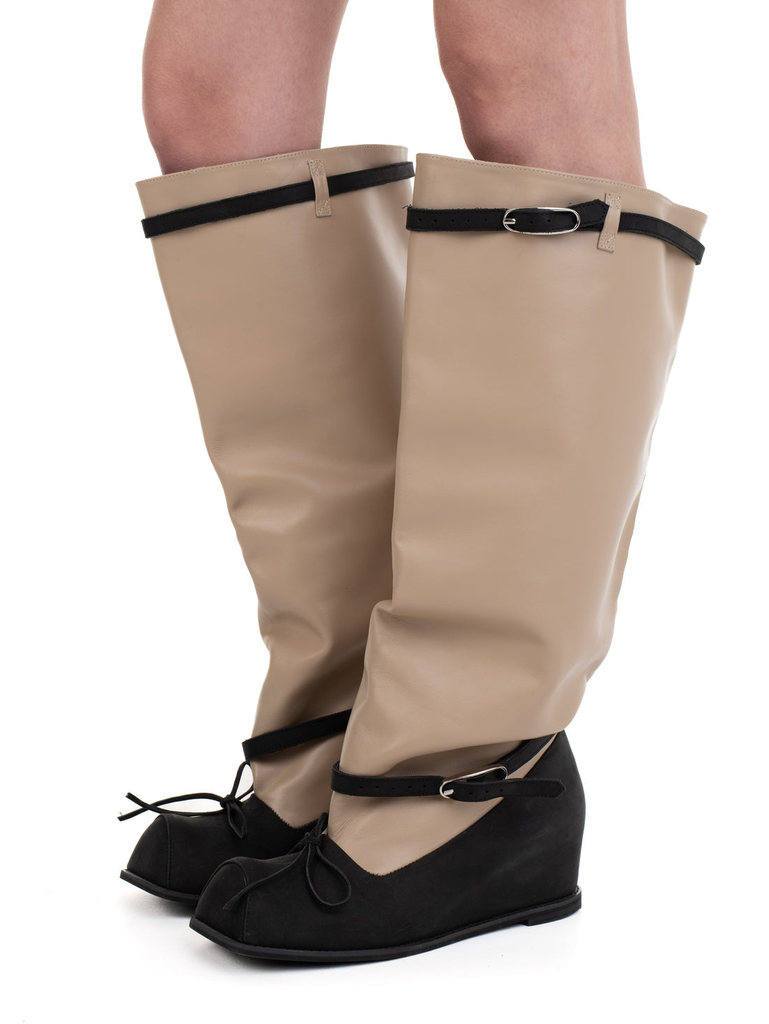Hofa Knee High Buckle Boots In Beige and Black