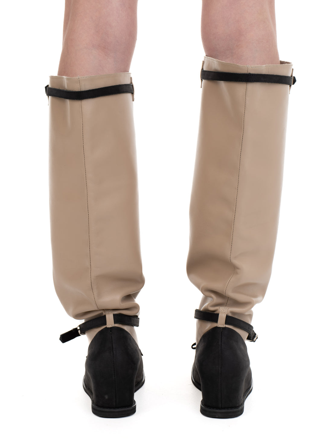 Hofa Knee High Buckle Boots In Beige and Black