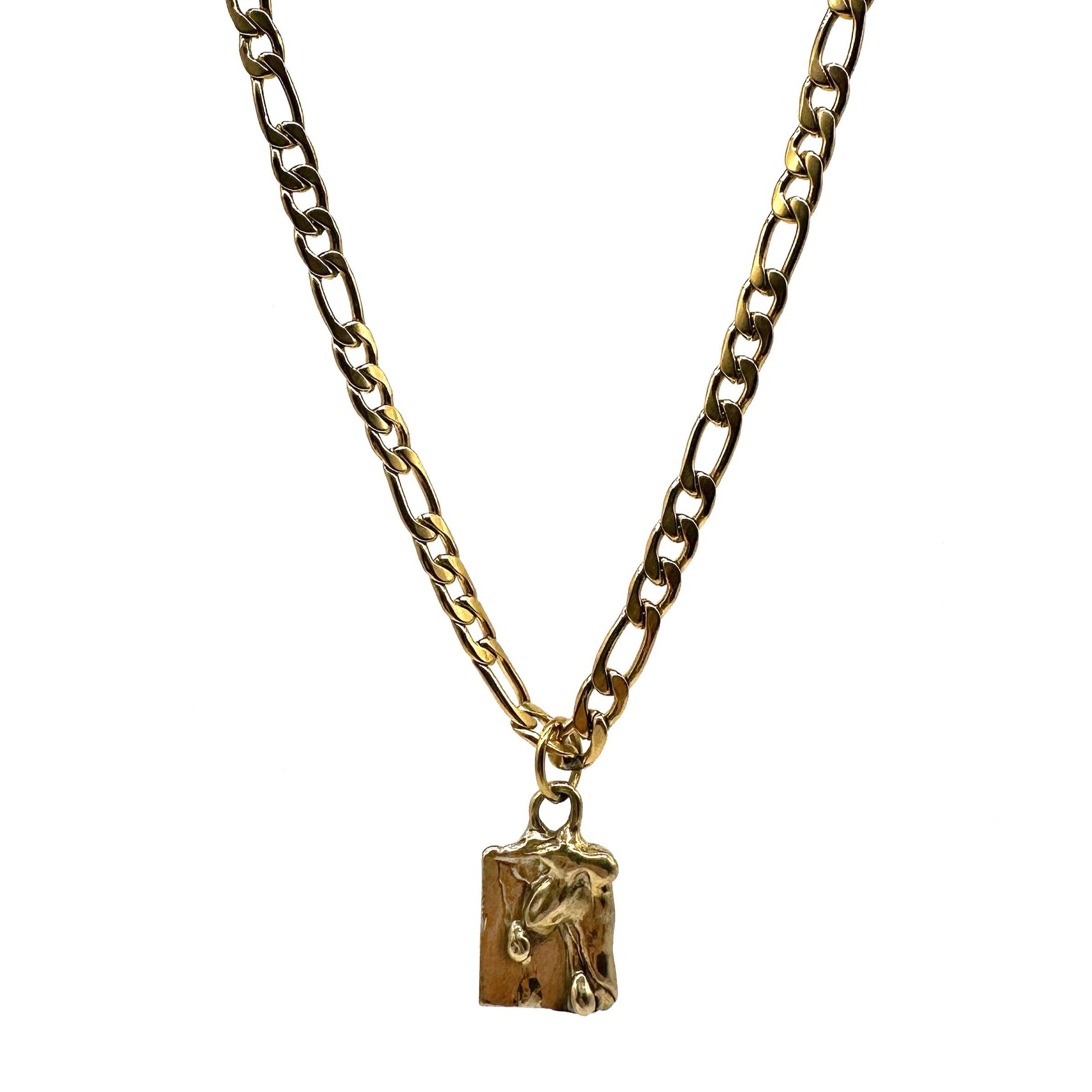 Drippy Tag Figaro Chain Necklace in Brass