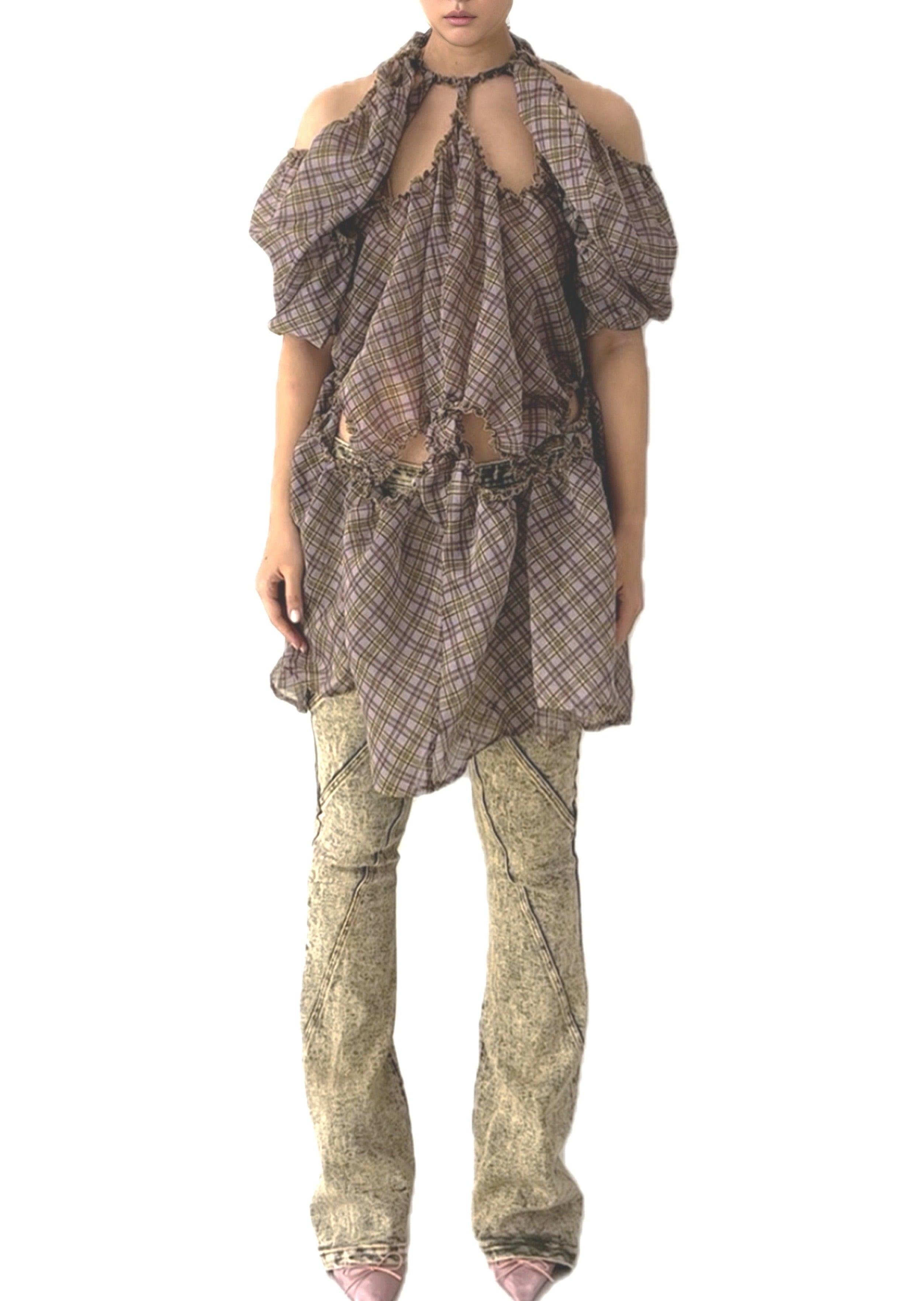 플레드 오간자 퍼프 슬리브 드레스 퍼플 타탄